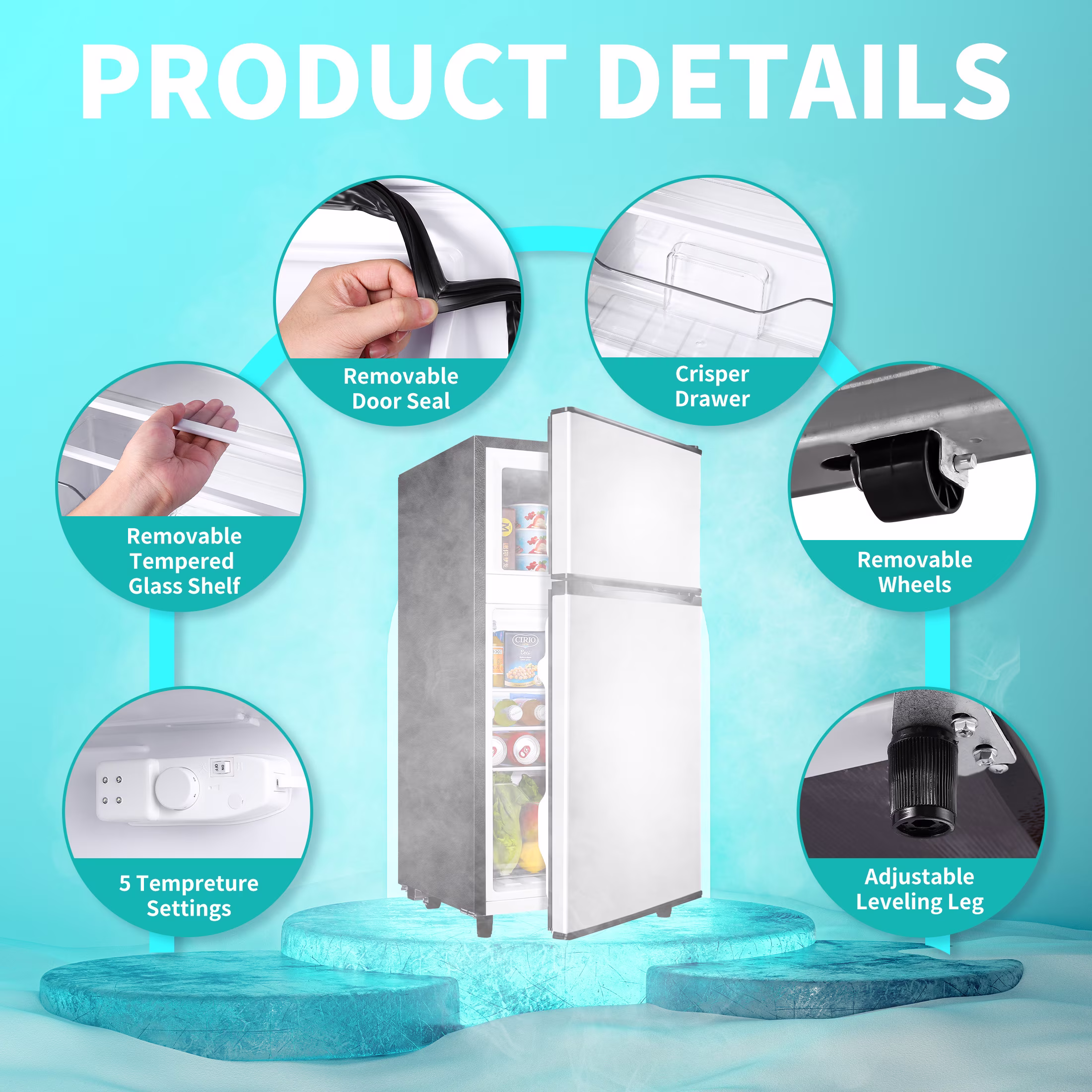 Compact Mini Fridge with Freezer,3.5 Cu.Ft 2-Door Refrigerator,Ideal for Dorm,Office,Bedroom,7 Temp Settings,Adjustable Shelves,Silver - Image 4