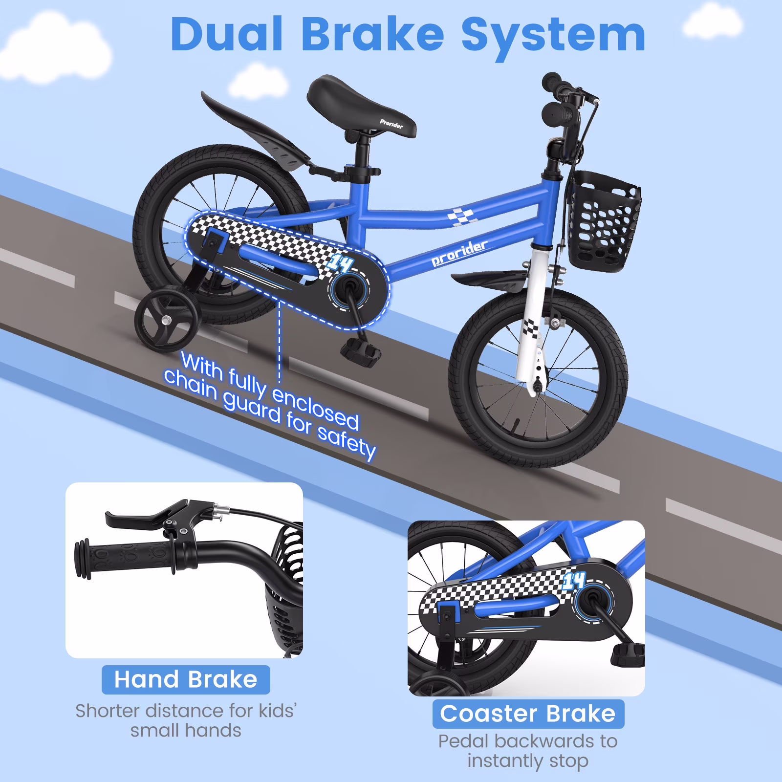Costway 14'' Kid's Bike with Removable Training Wheels & Basket for 3-5 Years Old Blue - Image 4