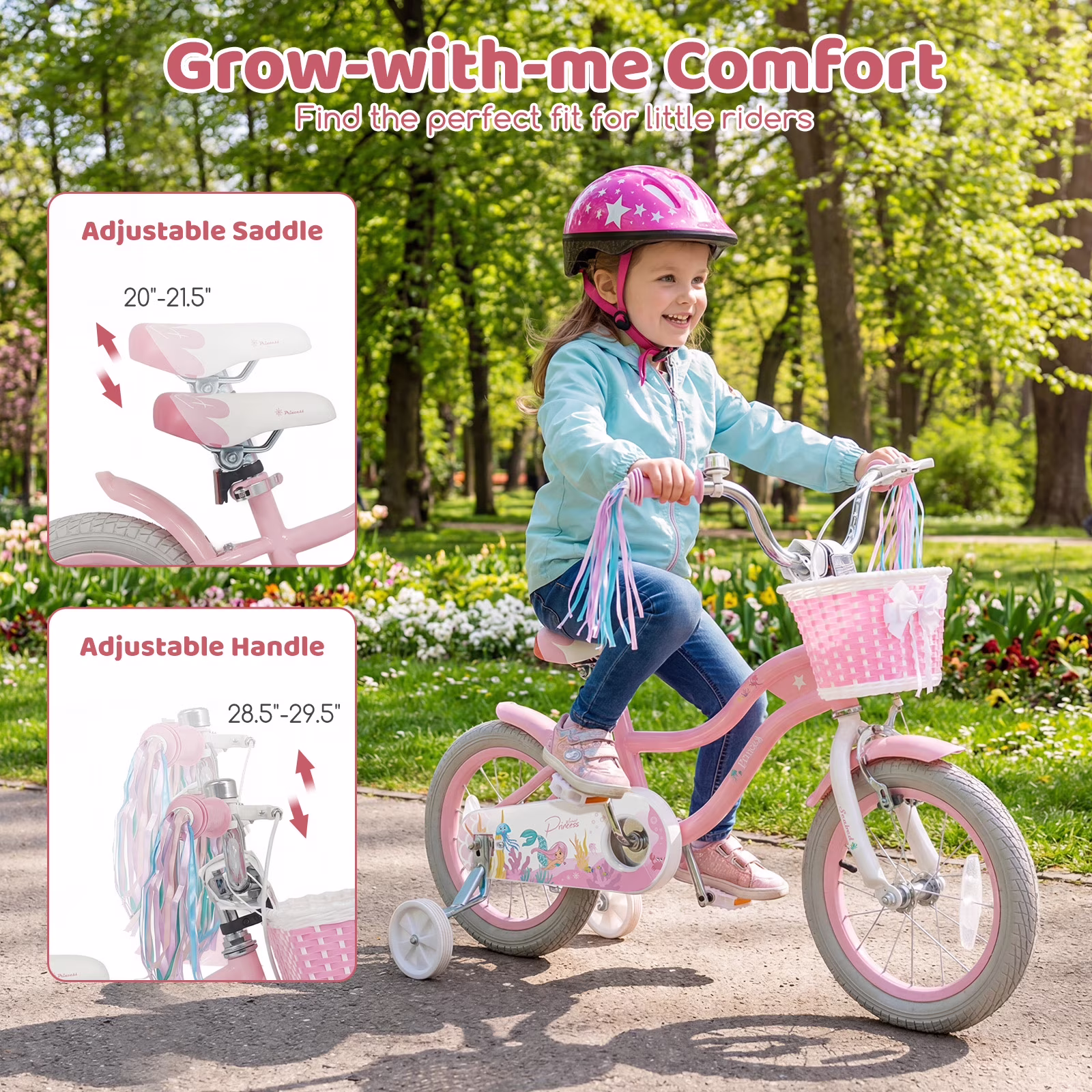 Costway 14" Kids Bike with Training Wheels Hand Coaster Brakes Adjustable Seat Handlebar Pink - Image 4