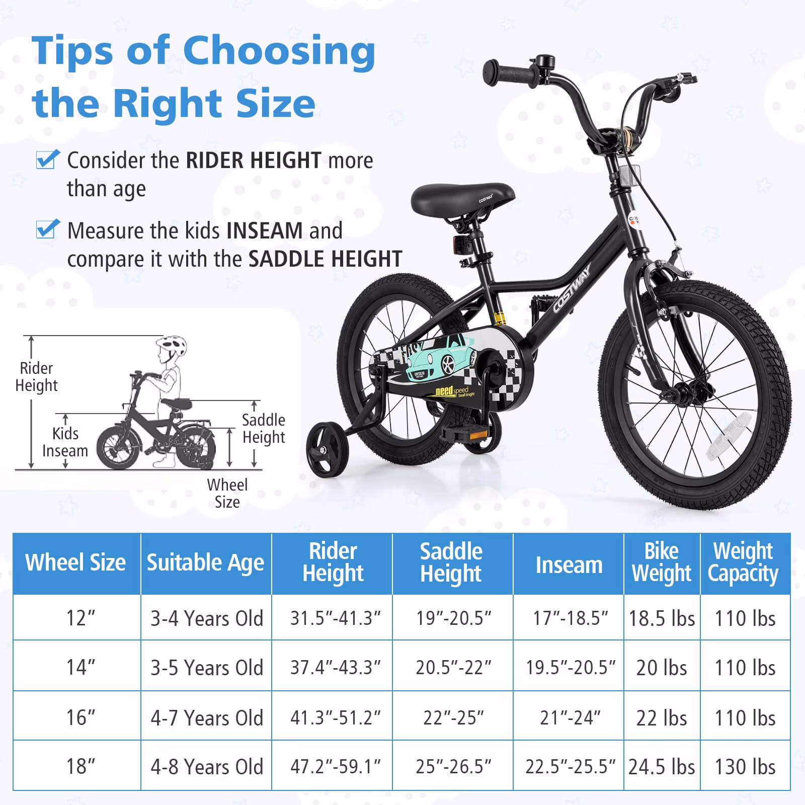 Costway 16" Kids Training Bike with Removable Training Wheels Pneumatic Tires Black - Image 4