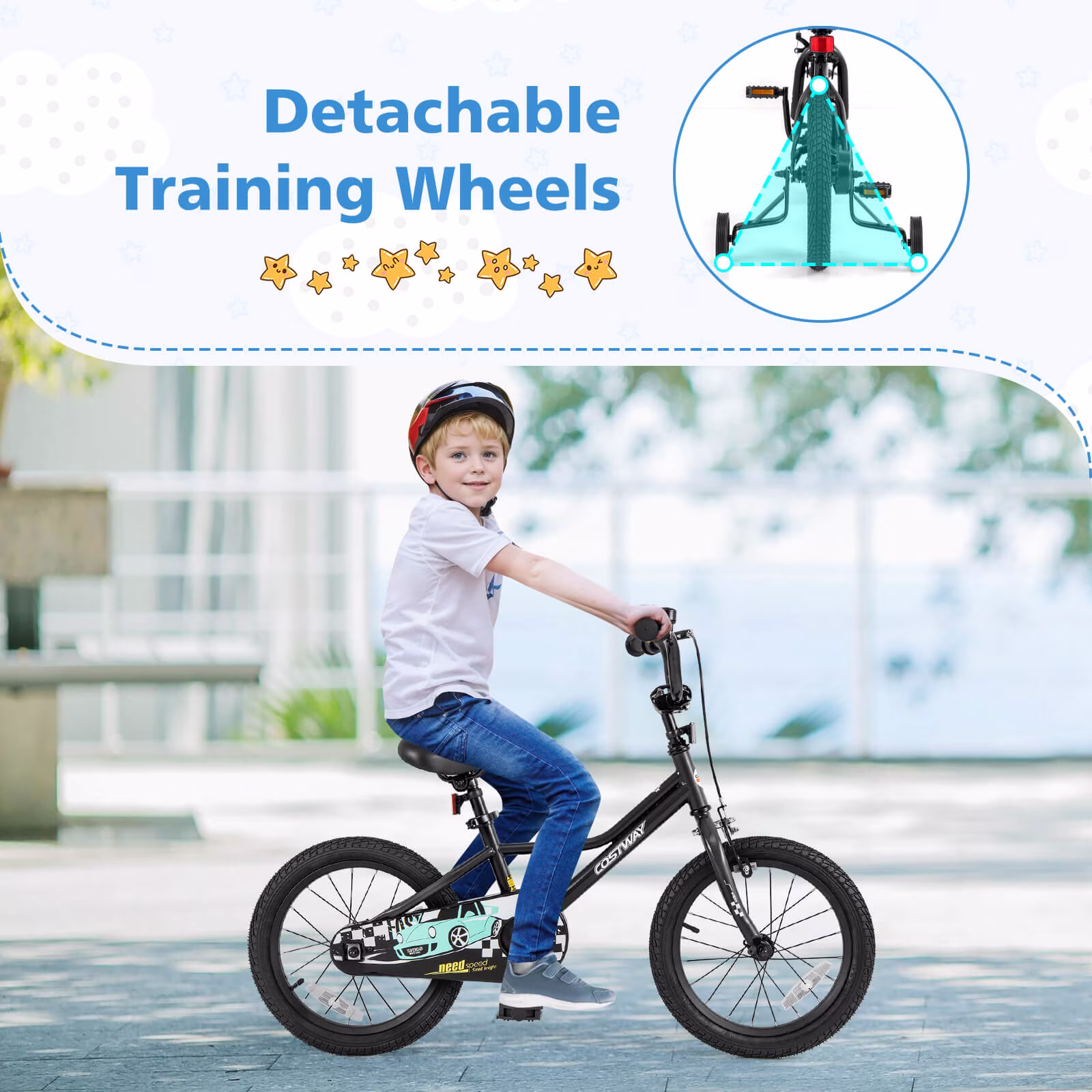 Costway 16" Kids Training Bike with Removable Training Wheels Pneumatic Tires Black - Image 2