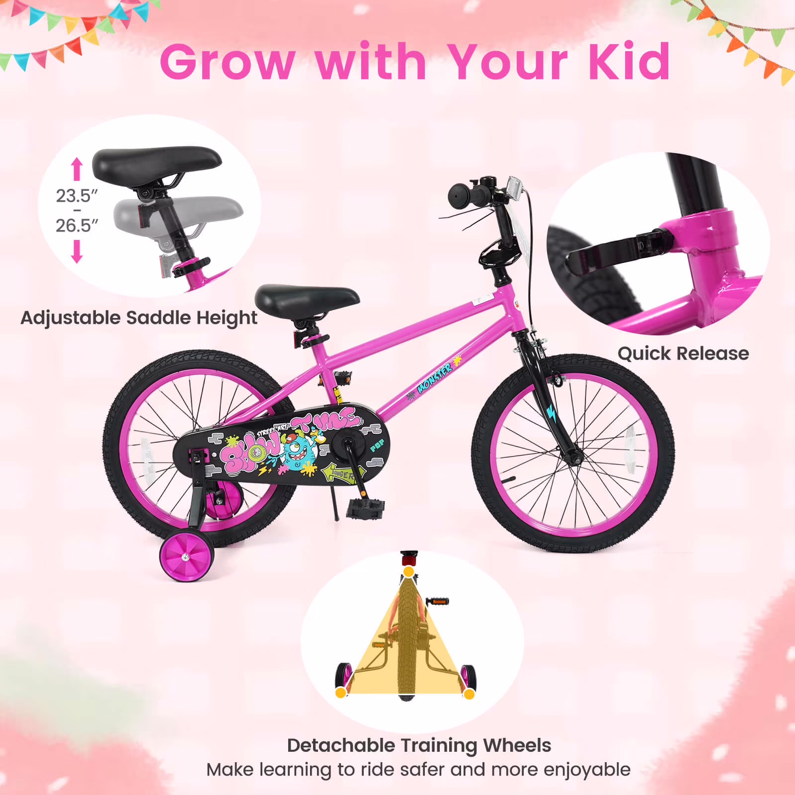 Costway 18 Inch Kids Bike for Ages 4-8 Years Old, Toddler Bicycle with Training Wheels Pink - Image 4