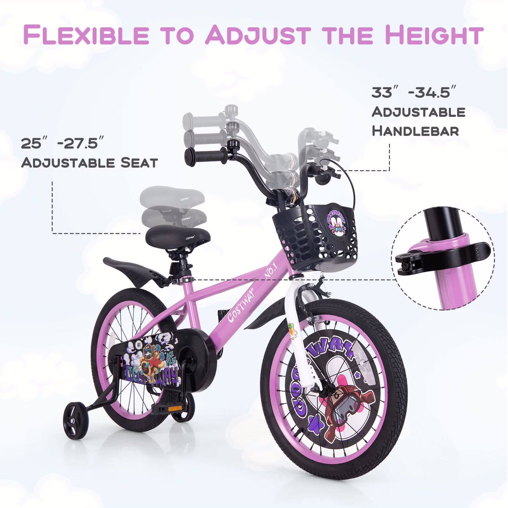 Costway 18" Kid's Bike for 4-8 with Height-Adjustable Handlebar & Saddle Handbrake Purple - Image 3
