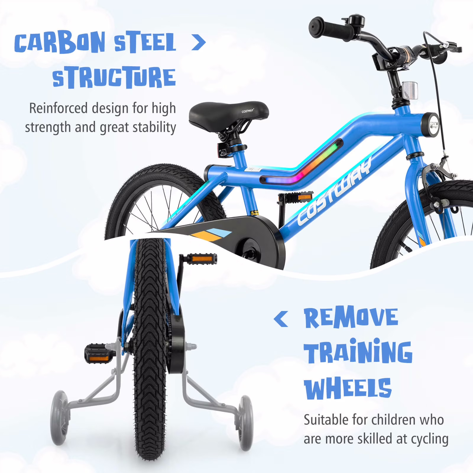 Costway 18" LED Lighted Kids Bike with Adjustable Seat Coaster Brake Training Wheels Blue Patented - Image 5