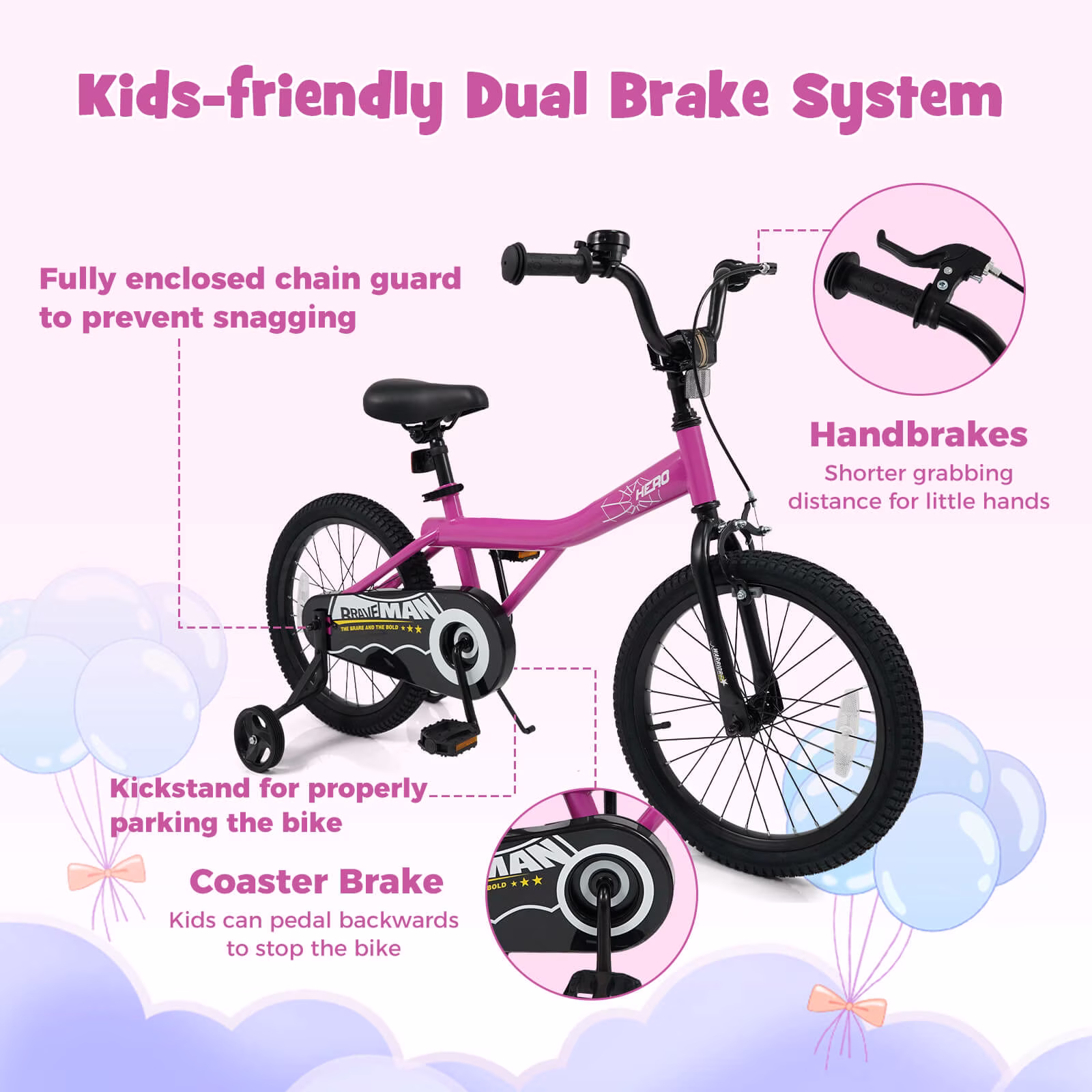 Costway Kids Bike, 18 Inch Bicycle for Children with Removable Training Wheels, Dual Brakes Pink - Image 2