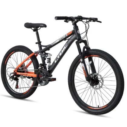 CYBIC 24 inch Mountain Bike for Teens, Boys & Girls, 21 Speed Full Suspension Bicycle with Shimano Rear Derailleur, High-Carbon Steel Frame and Dual Disc Brakes