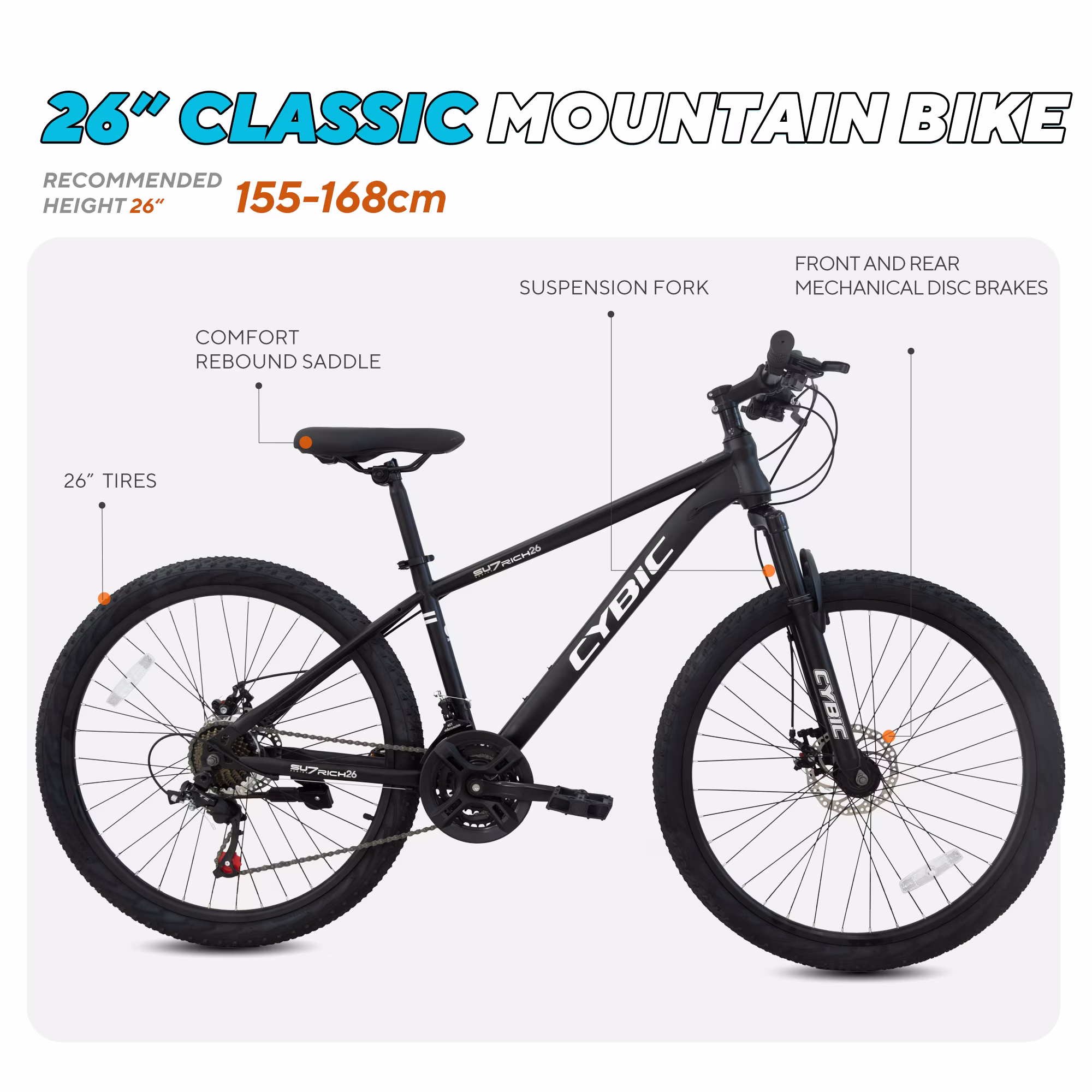 CYBIC 26 inch Mountain Bike for Adults, Men & Women, 21-Speed Bicycle with High-Carbon Steel Frame, Front Suspension Fork and Dual Disc Brakes, Black - Image 4
