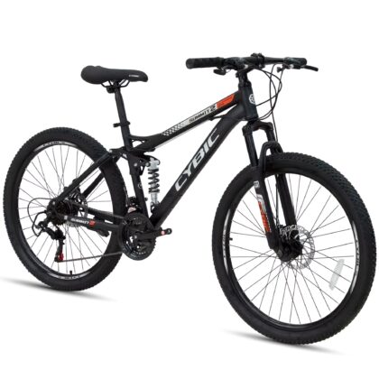 CYBIC 26 inch Mountain Bike for Adults, Men & Women, 21-Speed Full Suspension Bicycle with Shimano Rear Derailleur and Dual Disc Brakes, Black