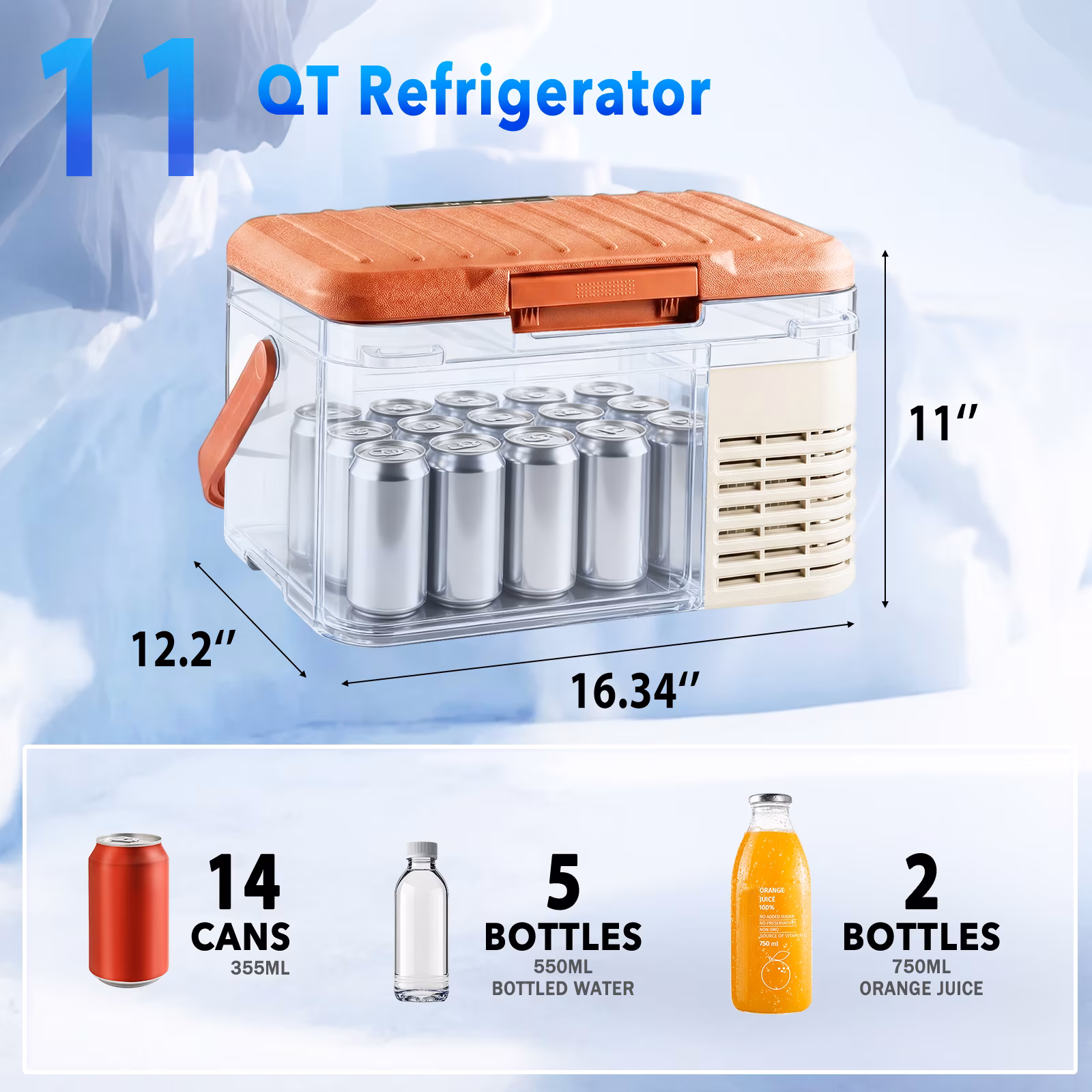 Dimedeal 12V Portable Compressor Car Refrigerator, 11 QT Electric Cooler Fridge with Handle, -4℉‑68℉ Adjustable Temperature, 12V/24V DC & 110‑240V AC Power Supply for Truck, RV, Travel & Camping - Image 3