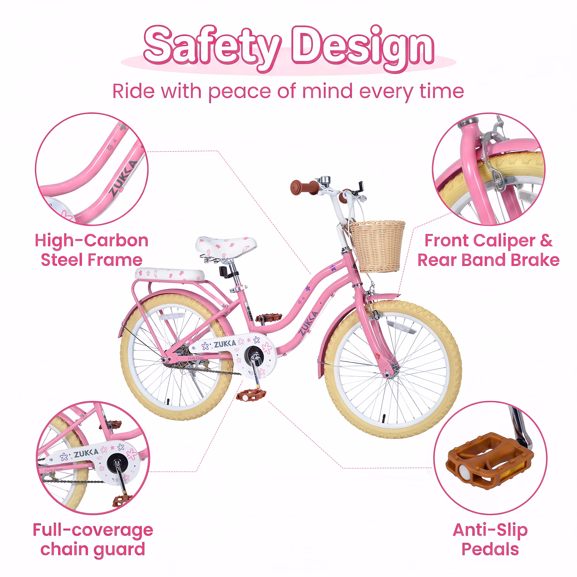 Dolonm 20" Kids Bike for Ages 7-10, Lightweight High-Carbon Steel Frame Cruiser Bike, Girls Bicycle with Wicker Basket & Rear Seat, No Training Wheels, Pink - Image 2