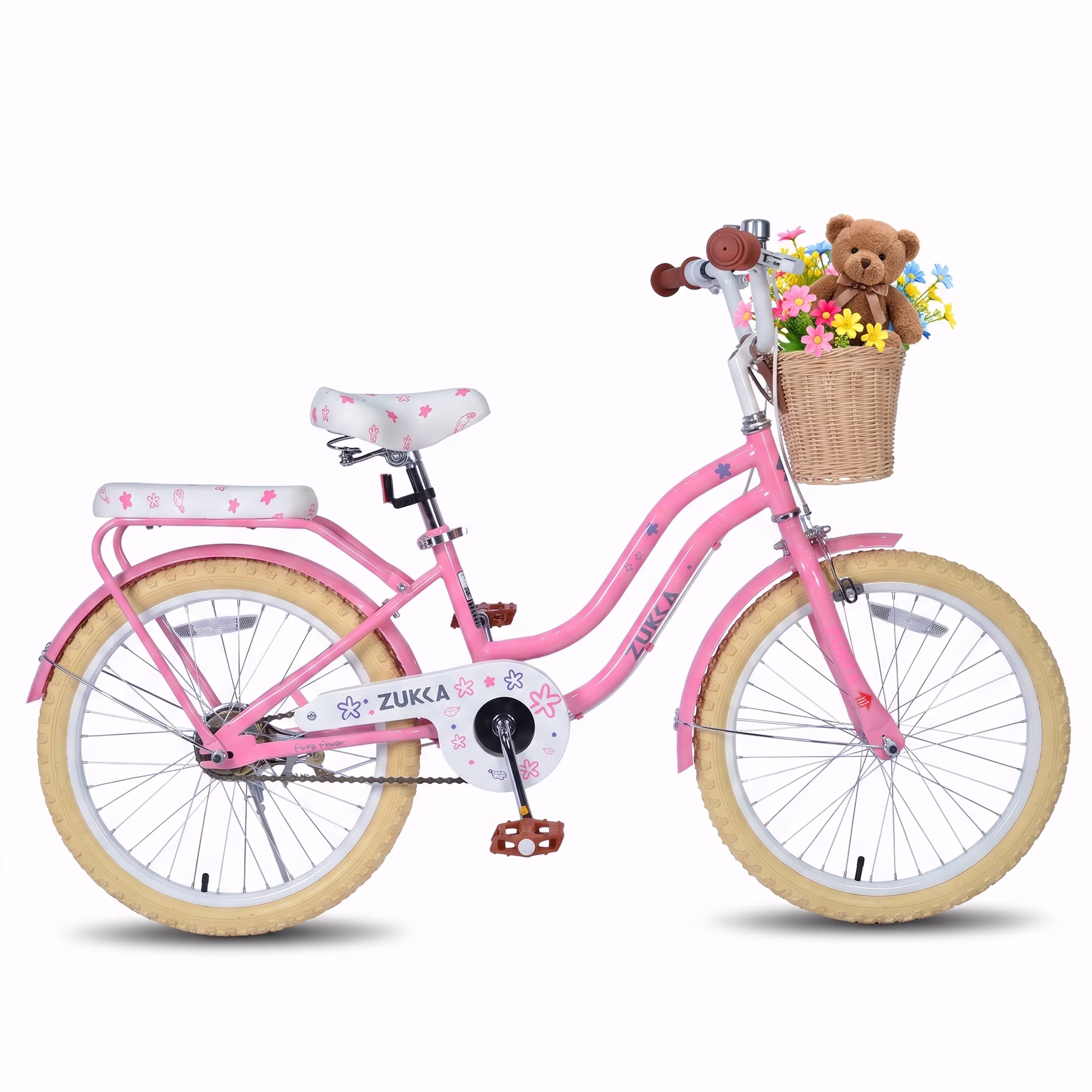 Dolonm 20" Kids Bike for Ages 7-10, Lightweight High-Carbon Steel Frame Cruiser Bike, Girls Bicycle with Wicker Basket & Rear Seat, No Training Wheels, Pink