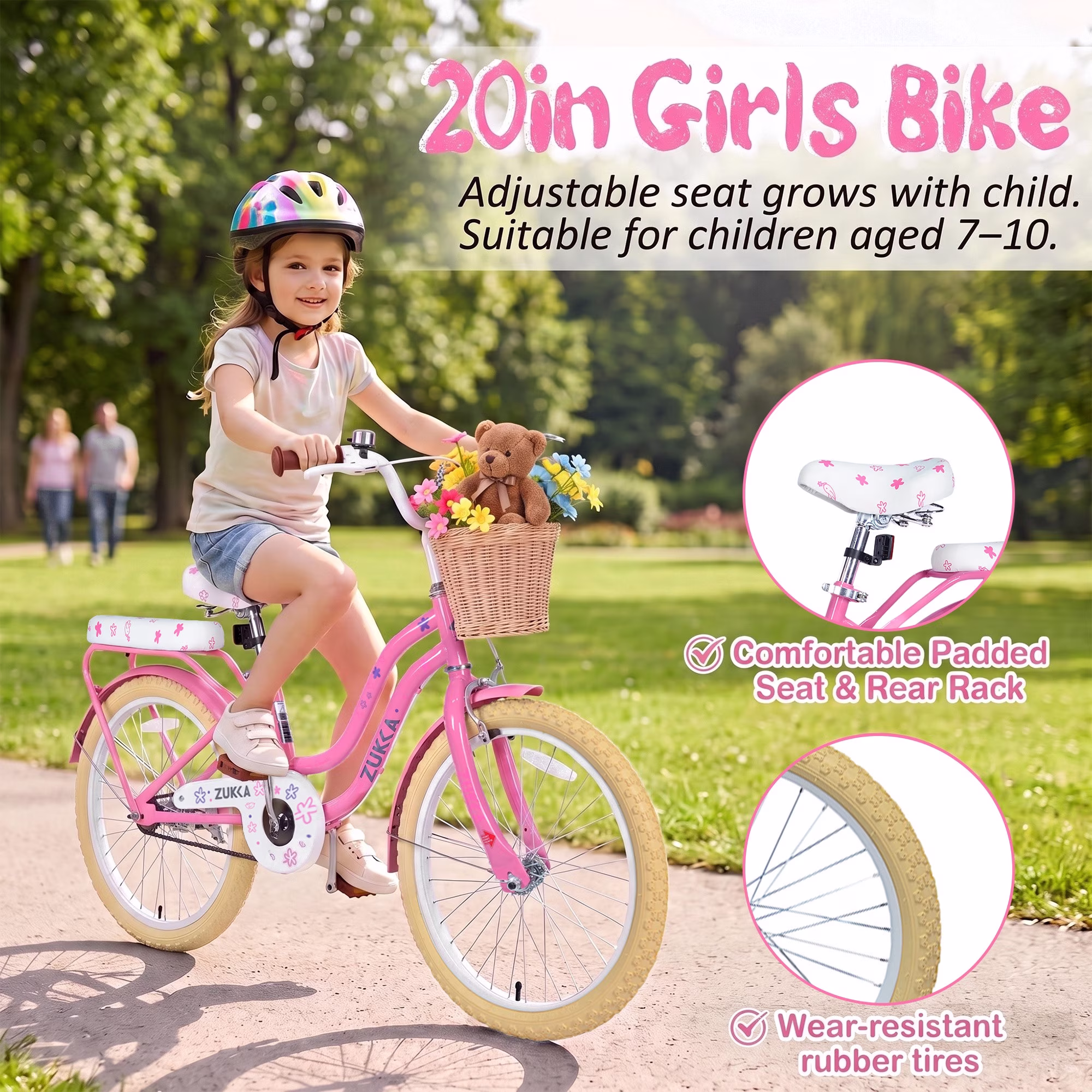 Dolonm 20" Kids Bike for Ages 7-10, Lightweight High-Carbon Steel Frame Cruiser Bike, Girls Bicycle with Wicker Basket & Rear Seat, No Training Wheels, Pink - Image 5