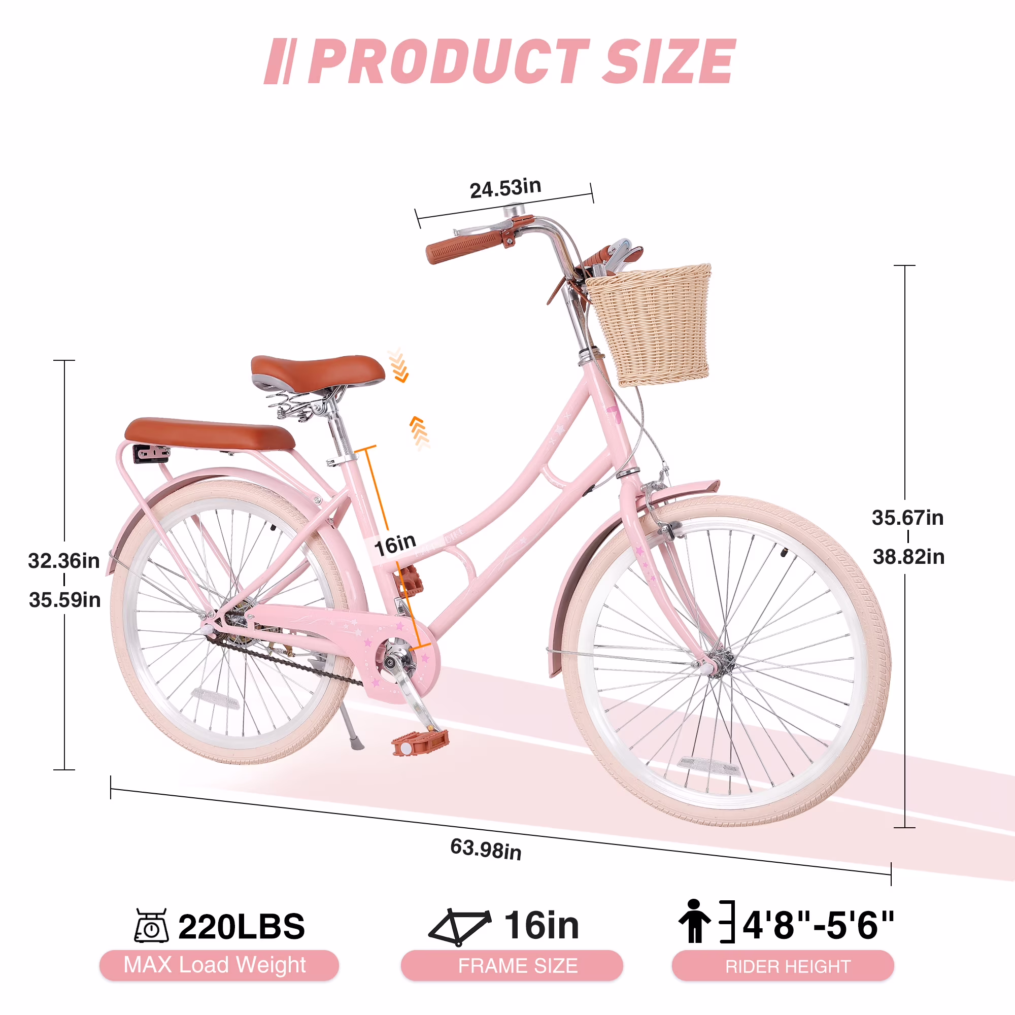 Dolonm 24" Cruiser Bike for Women, Girls Bike Lightweight High-Carbon Steel Frame City Bike with Basket & Rear Rack, Comfortable Commuter Bicycle for Age 10+, Pink - Image 4