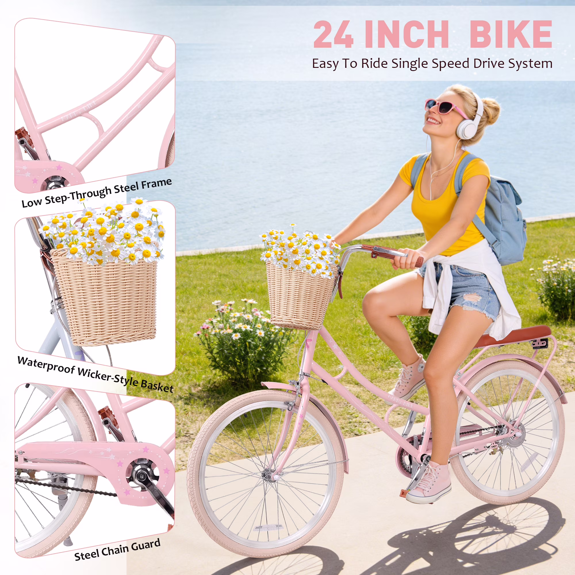 Dolonm 24" Cruiser Bike for Women, Girls Bike Lightweight High-Carbon Steel Frame City Bike with Basket & Rear Rack, Comfortable Commuter Bicycle for Age 10+, Pink - Image 2