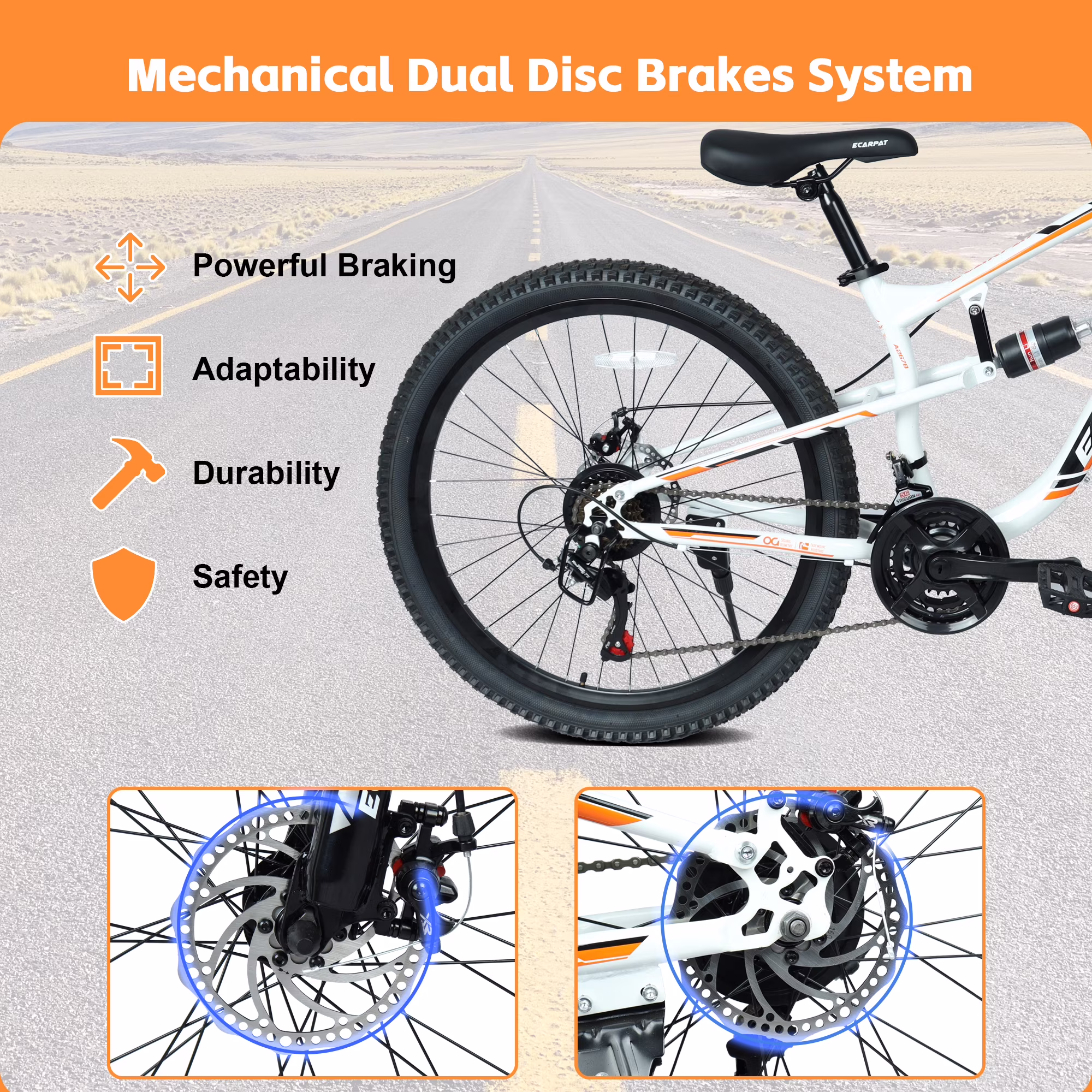 Ecarpat 26 Inch Full Suspension Mountain Bike, 21-Speed Adult Mountain Bicycle with Dual Disc Brakes, Carbon Steel Frame Off-Road Bike for Men Women Teens Students, Trail Commuter Cycling - Image 4