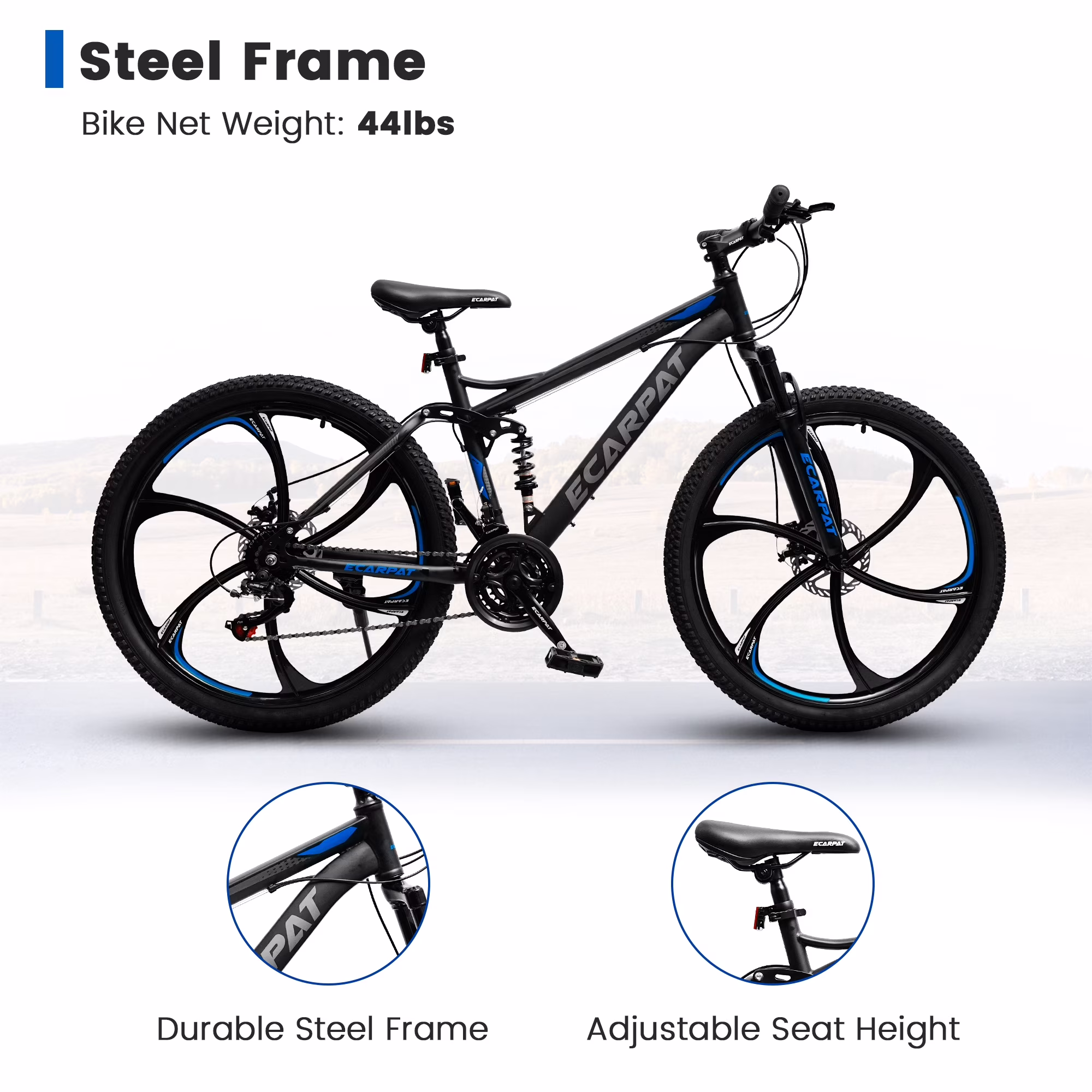 Ecarpat 26 Inch Mountain Bike Full Suspension, 21 Speeds Dual Disc Brake, 6 Spokes Men Women Mountain Bike, Durable Carbon Steel Bicycle, Adult Trail Beach Snow Commuter City Bikes - Image 5