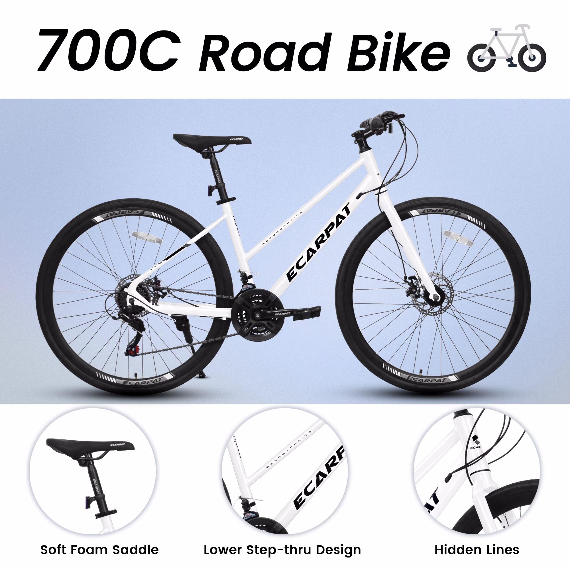 Ecarpat Road Bike 700C Tires, 21 Speeds Hybrid Bike for Men, Steel Alloy Lightweight Frame Disc Brake Racing Bike, City Commuting Road Bicycle for Men Women - Image 4