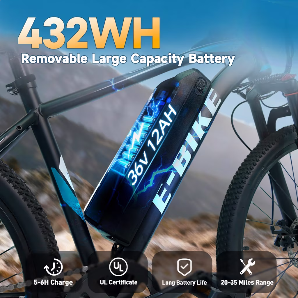 Electric Bike for Adults, Peak 750W Motor 20MPH 35Miles Lightweight Ebike for Teens, 26in E Mountain Bike 432Wh Removable Battery, 7-Speed Full Suspension UL2849 - Image 3