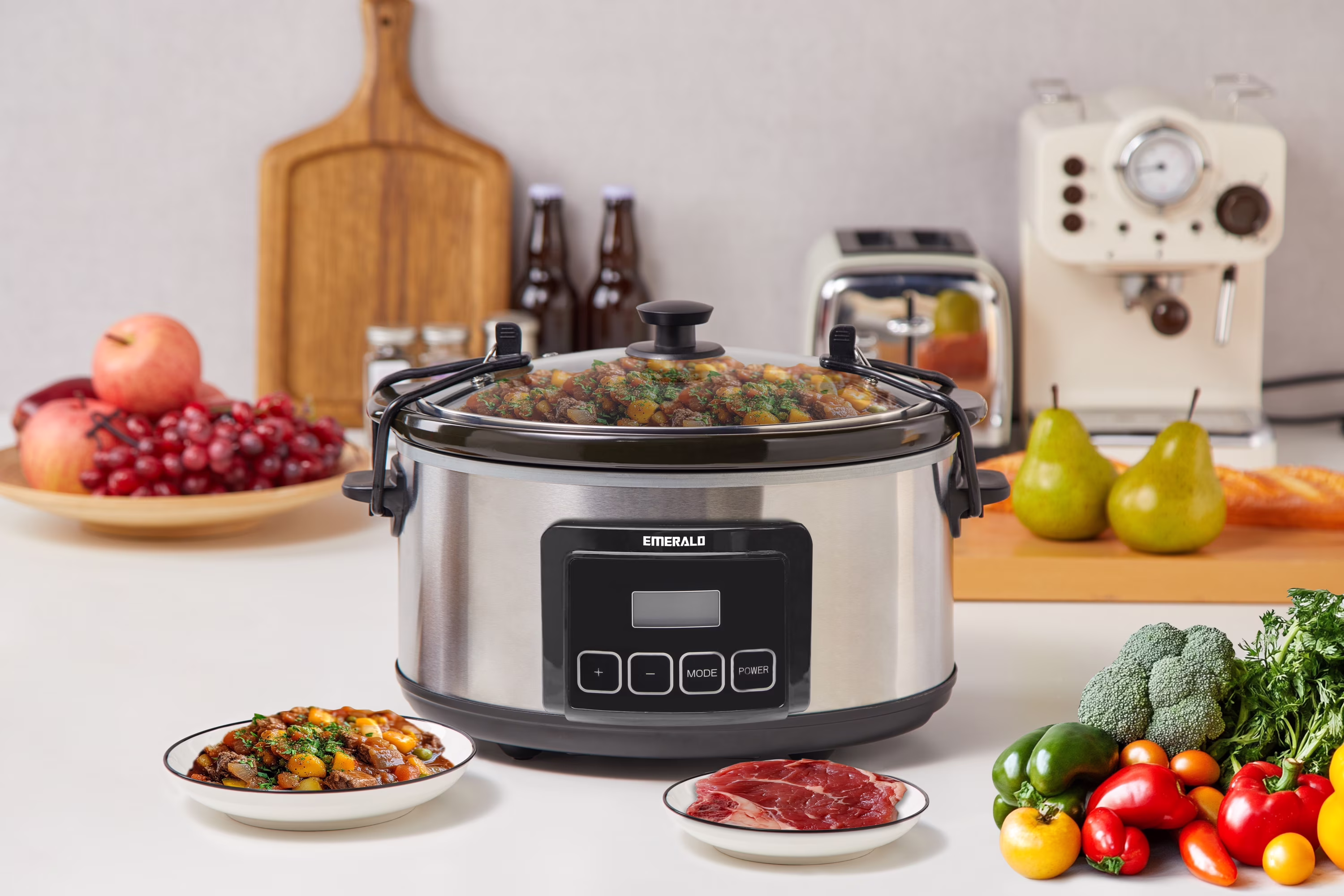 Emerald 6.3-Quart Slow Cooker Countertop Electric Cooking Pot with Locking Lid, Silver - Image 4