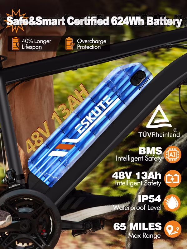ESKUTE M200P Electric Bike for Adults, 21-Speed Gear 27.5" Mountain Ebike, 750W Motor 20MPH, 48V 13Ah Removable Battery, with NFC Unlock, Step Over E-Bicycle Black, UL2849 Class 2 - Image 2