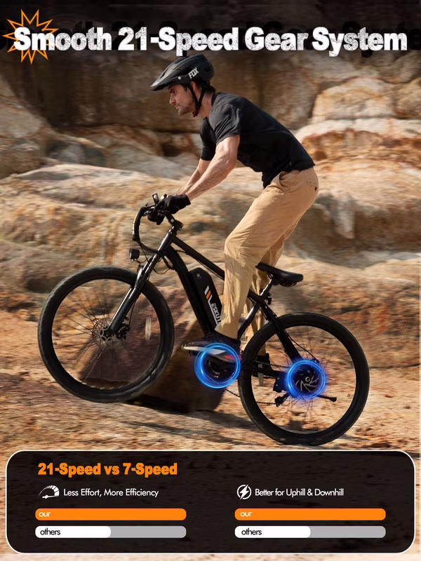 ESKUTE M200P Electric Bike for Adults, 21-Speed Gear 27.5" Mountain Ebike, 750W Motor 20MPH, 48V 13Ah Removable Battery, with NFC Unlock, Step Over E-Bicycle Black, UL2849 Class 2 - Image 3