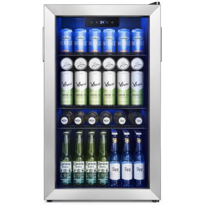 EUHOMY 130 Can Beverage Refrigerator and Cooler with Glass Door for Home, 17.3 in D, 31.5 in H, Quite, for Soda Beer drinks, Silver