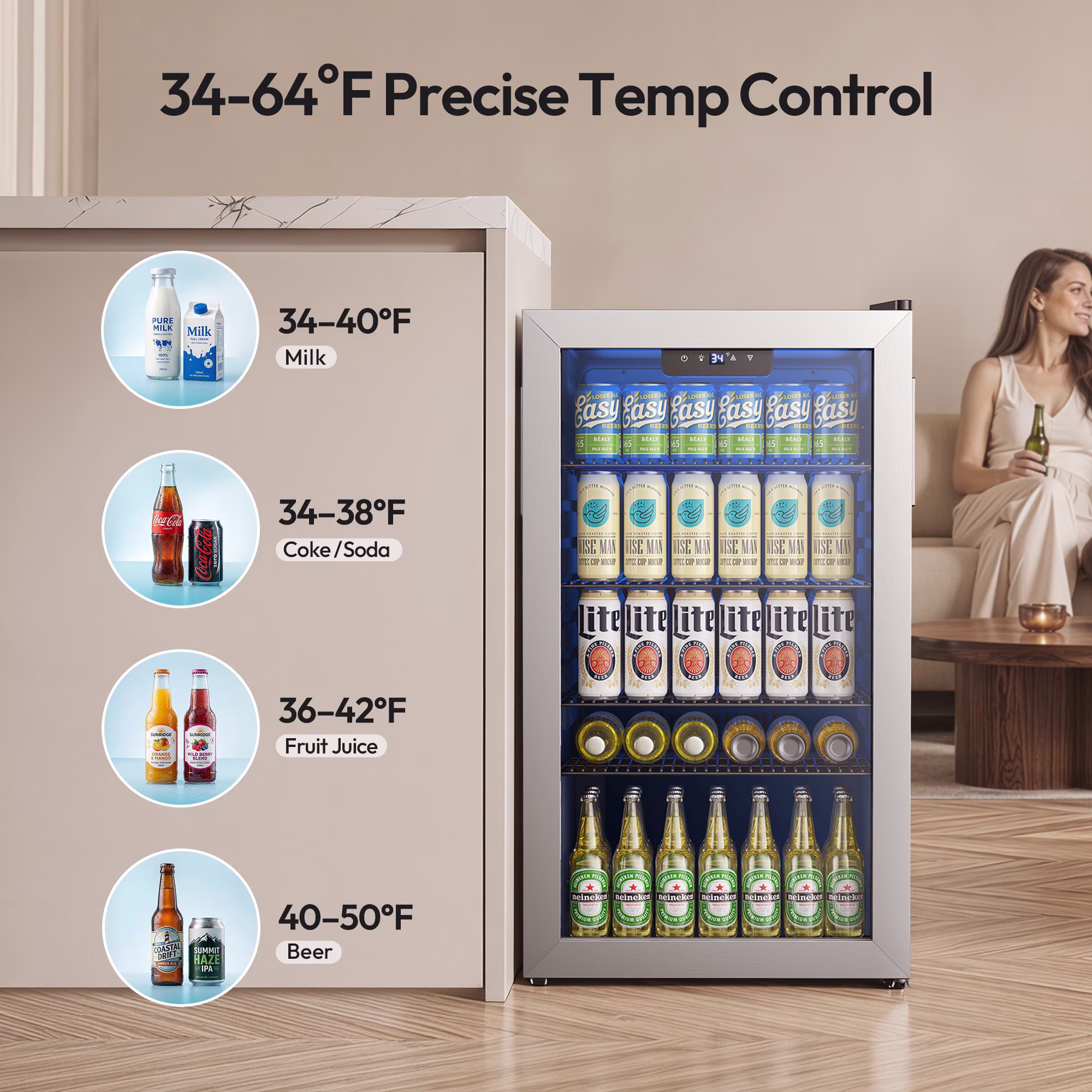 EUHOMY 130 Can Beverage Refrigerator and Cooler with Glass Door for Home, 17.3 in D, 31.5 in H, Quite, for Soda Beer drinks, Silver - Image 5