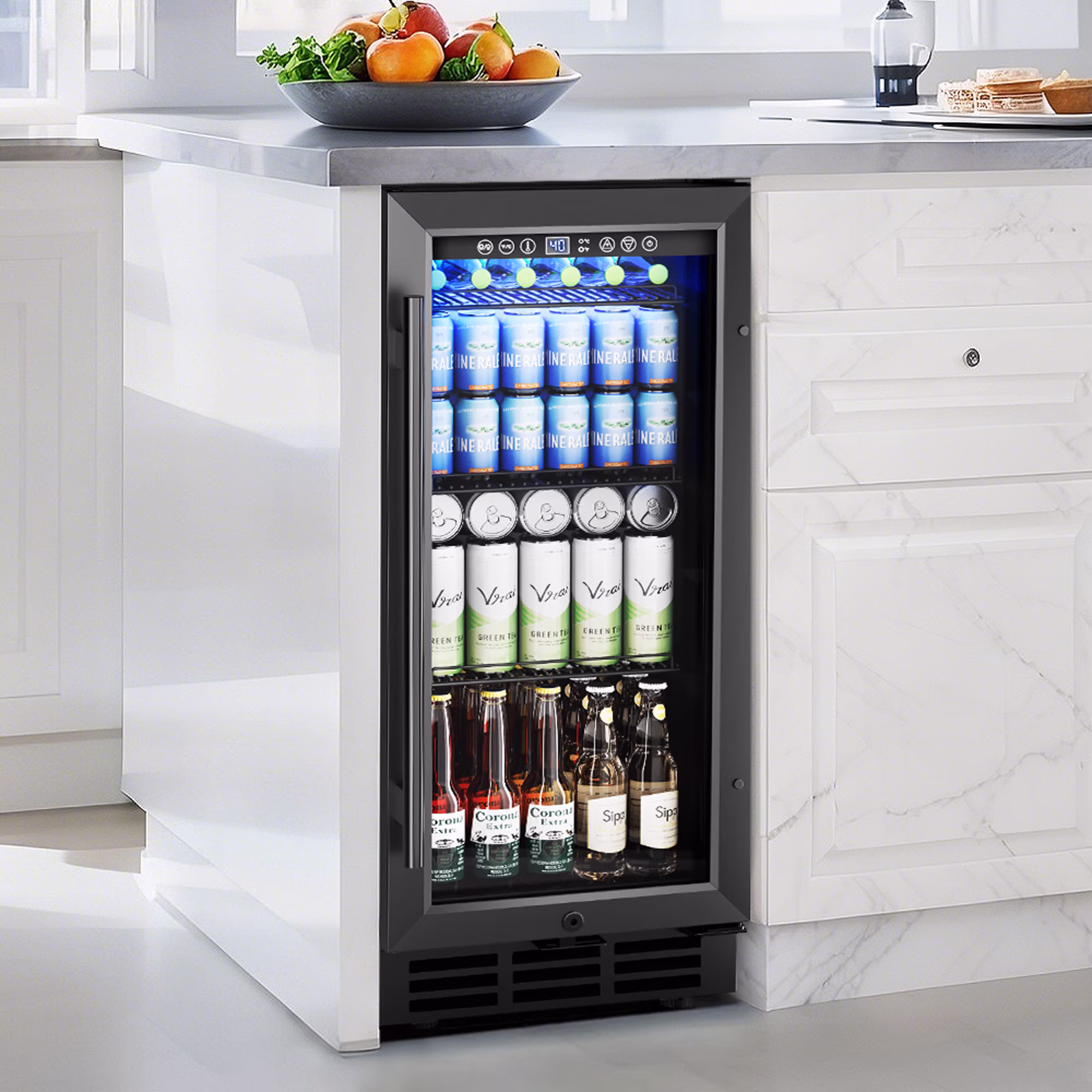 EUHOMY 130 Can Beverage Refrigerator Cooler, 3.2 cu ft Under Counter Drink Fridge with Glass Door & Touch Control, for Soda, Water, Beer & Wine - Image 2