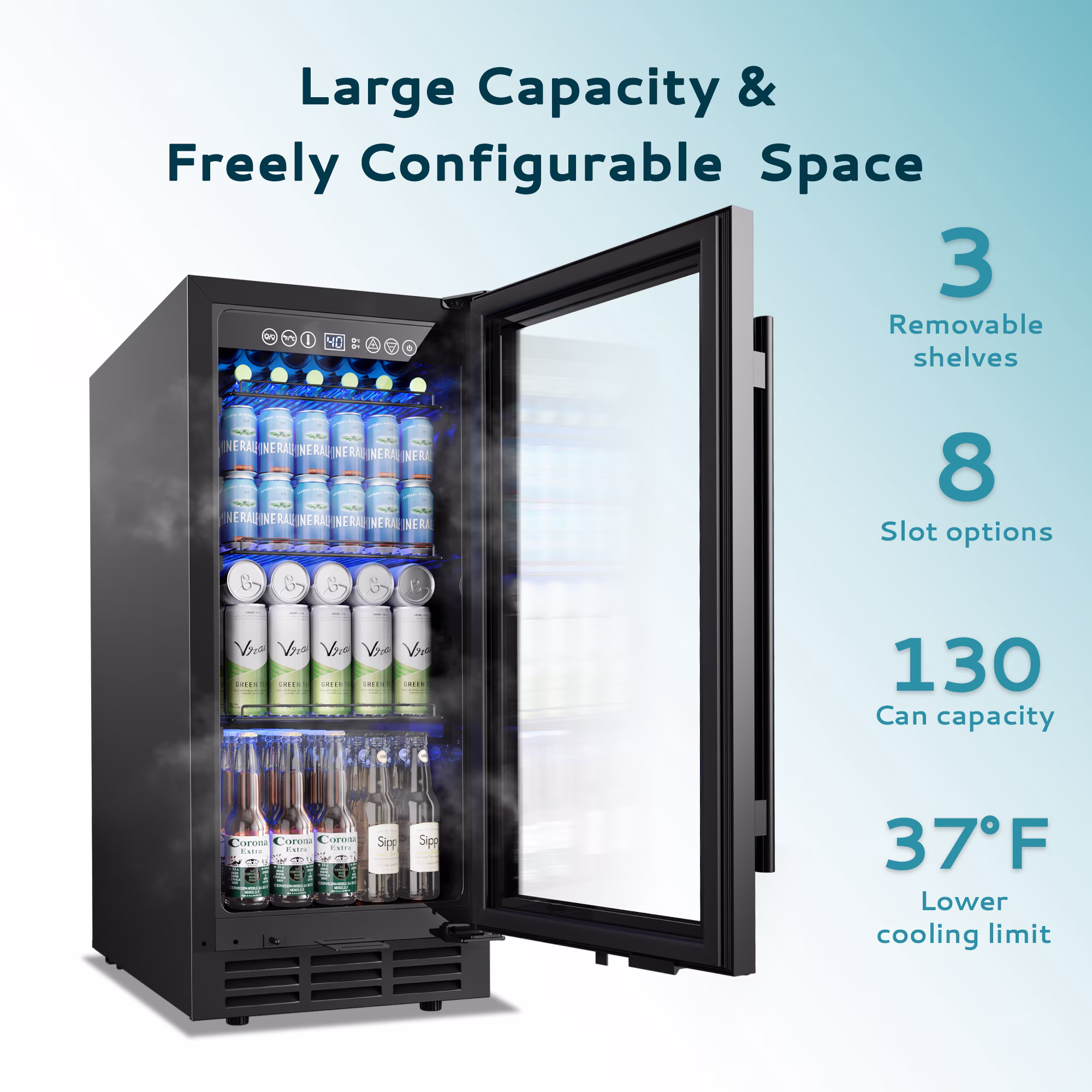 EUHOMY 130 Can Beverage Refrigerator Cooler, 3.2 cu ft Under Counter Drink Fridge with Glass Door & Touch Control, for Soda, Water, Beer & Wine - Image 3
