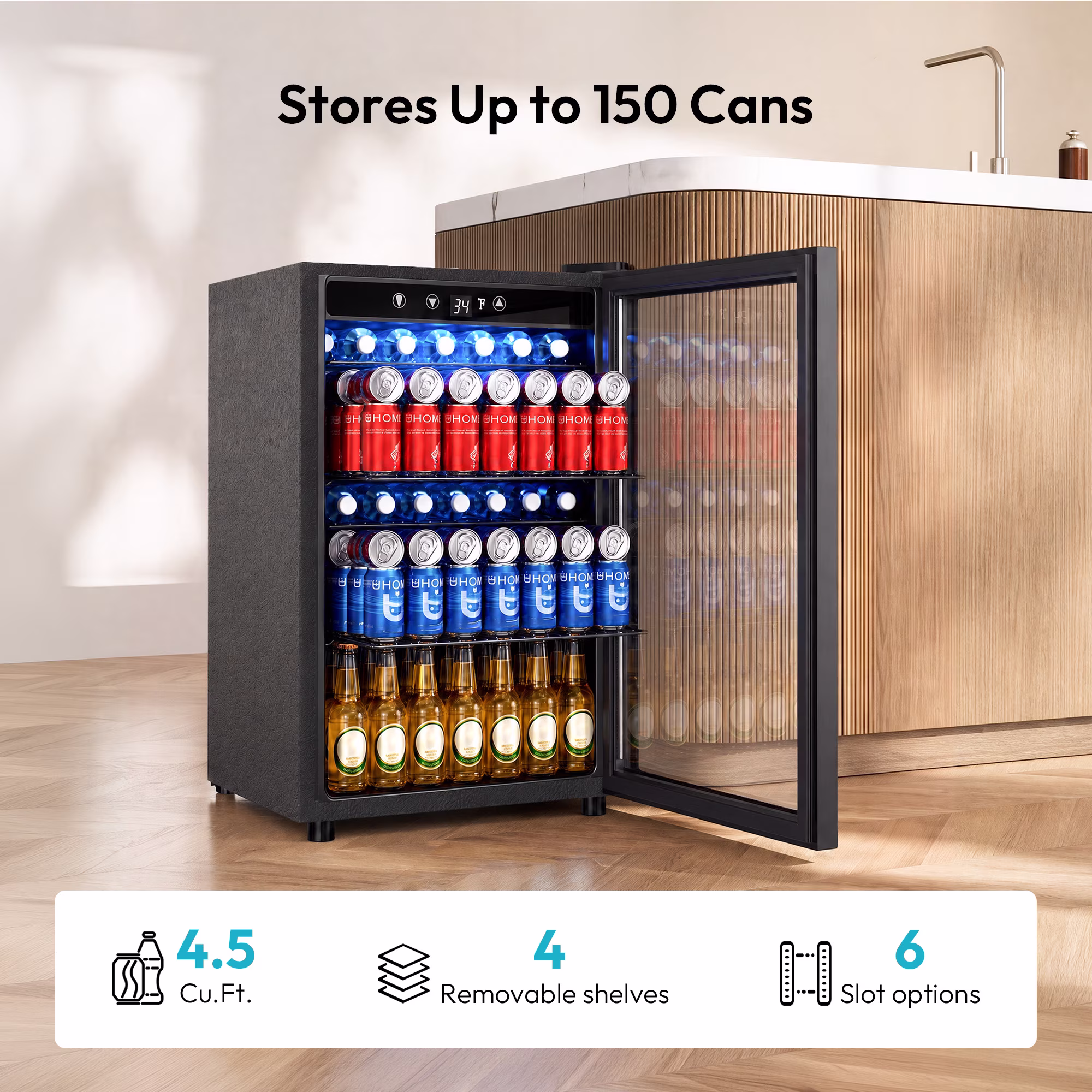 EUHOMY 150 Can Beverage Refrigerator and Wine Cooler, 4.5 cu ft, Glass Door, Adjustable Shelves, Digital Temperature Control, for Home, Quite - Image 5
