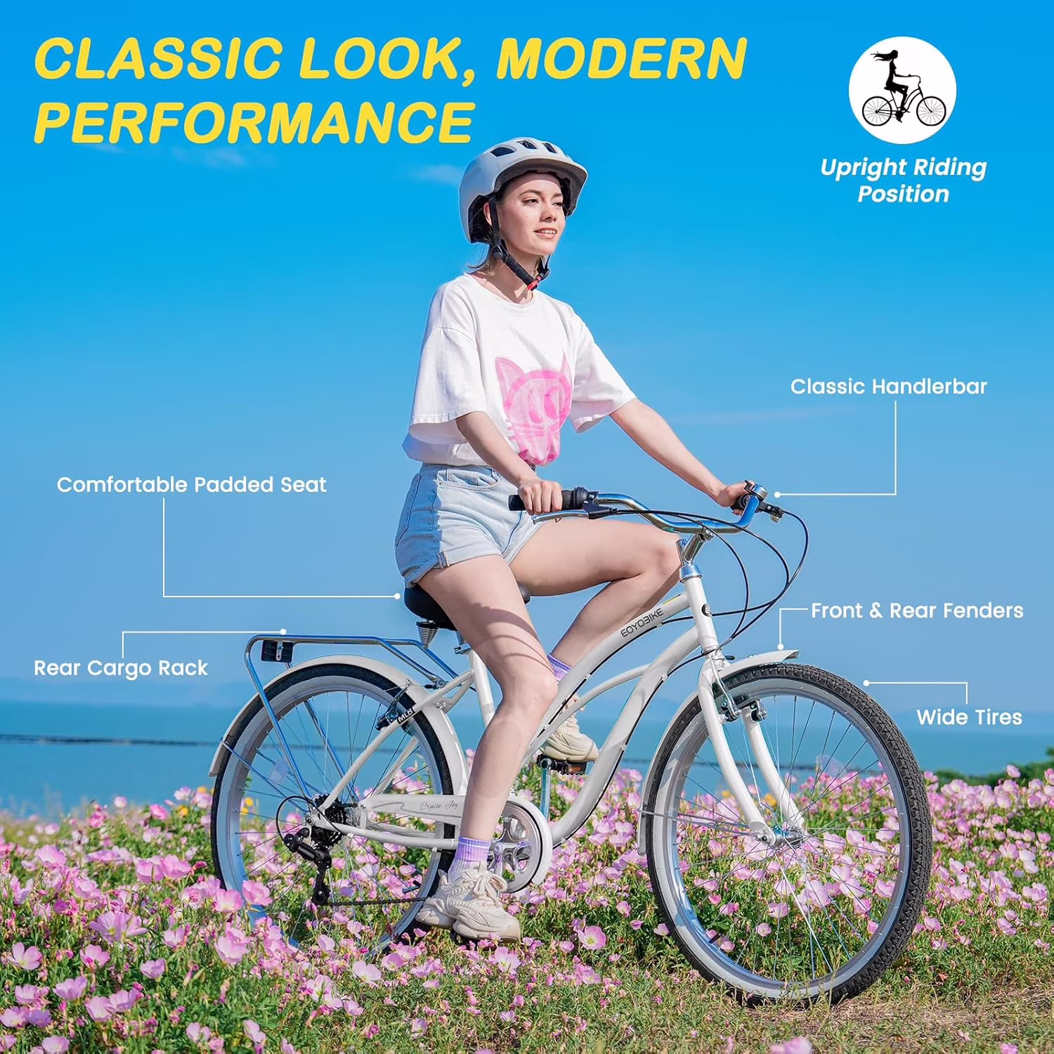 FICISOG Beach Cruiser Bike for Women, 26" Womens Commuter Bike with Rack, 7-Speed Classic Cruiser Bicycle Low Step Through for City Commuter, Retro Bicycle for Seniors Ladies Adult - Image 3