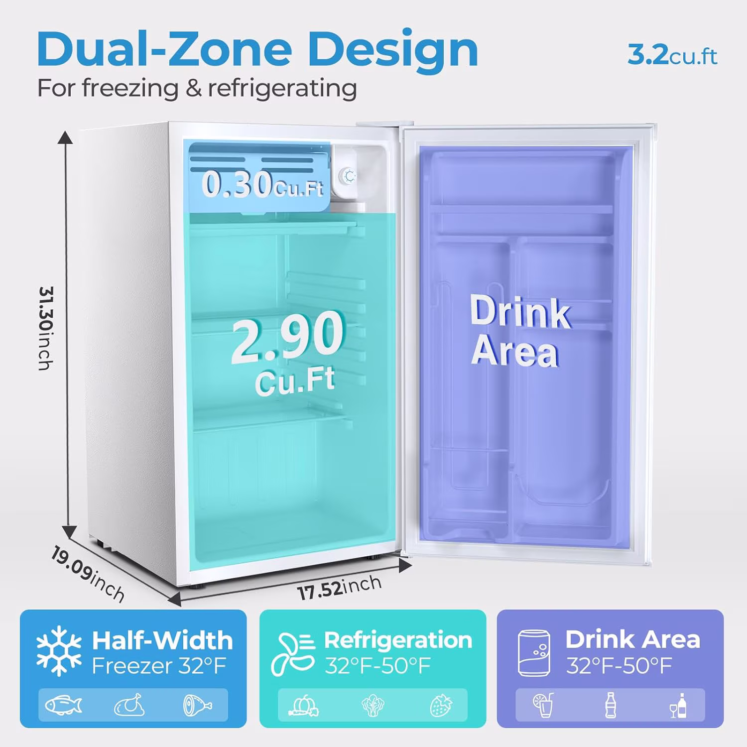 FREE VILLAGE 3.2 Cu.Ft Mini Fridge with Freezer,Small Refrigerators with 7 Adjustable Thermostat,Low Noise,Energy Saving,Compact Refrigerators for College Dorm,Office,Bedroom,Apartment,White - Image 2