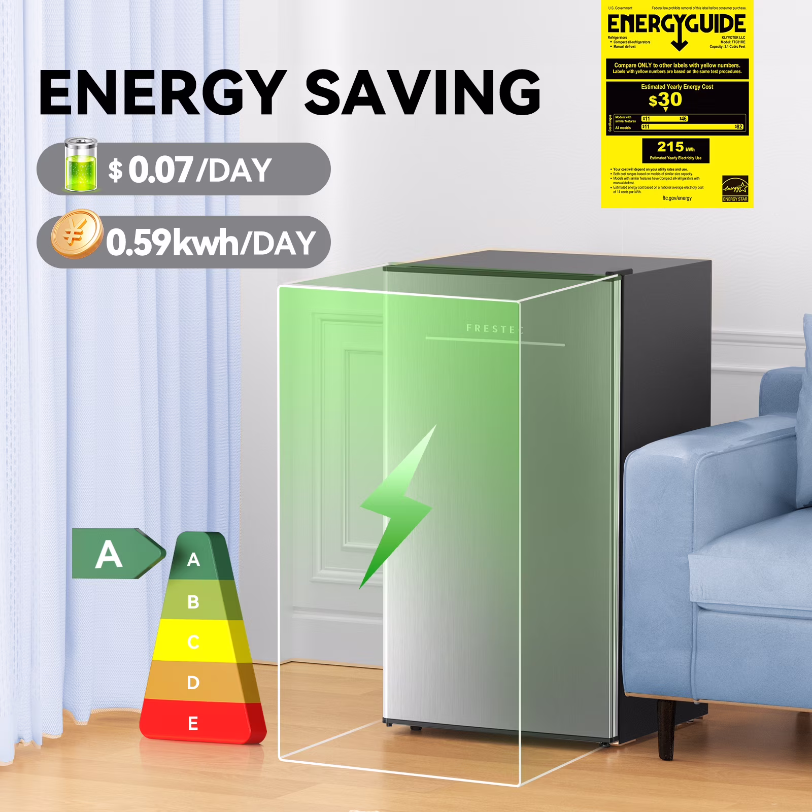 Frestec 3.2 Cu. Ft. Mini Fridge with Freezer, Compact Refrigerator for Bedroom, Dorm, and Office, Energy-Saving, Low-Noise, Adjustable Thermostat (Grey) - Image 5
