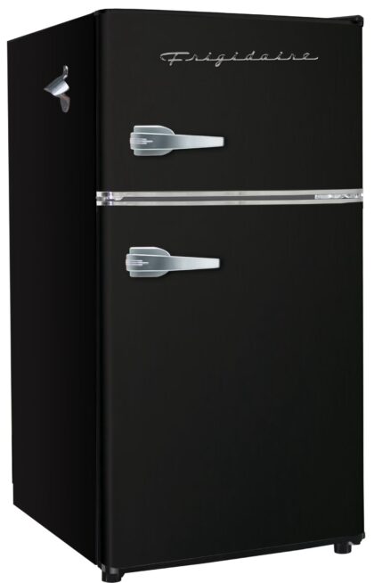 Frigidaire 3.2 Cu Ft 2-Door Retro Compact Bar Fridge With Freezer And Side Bottle Opener Black - Compact, stylish mini fridge ideal for dorms, offices, and small spaces.