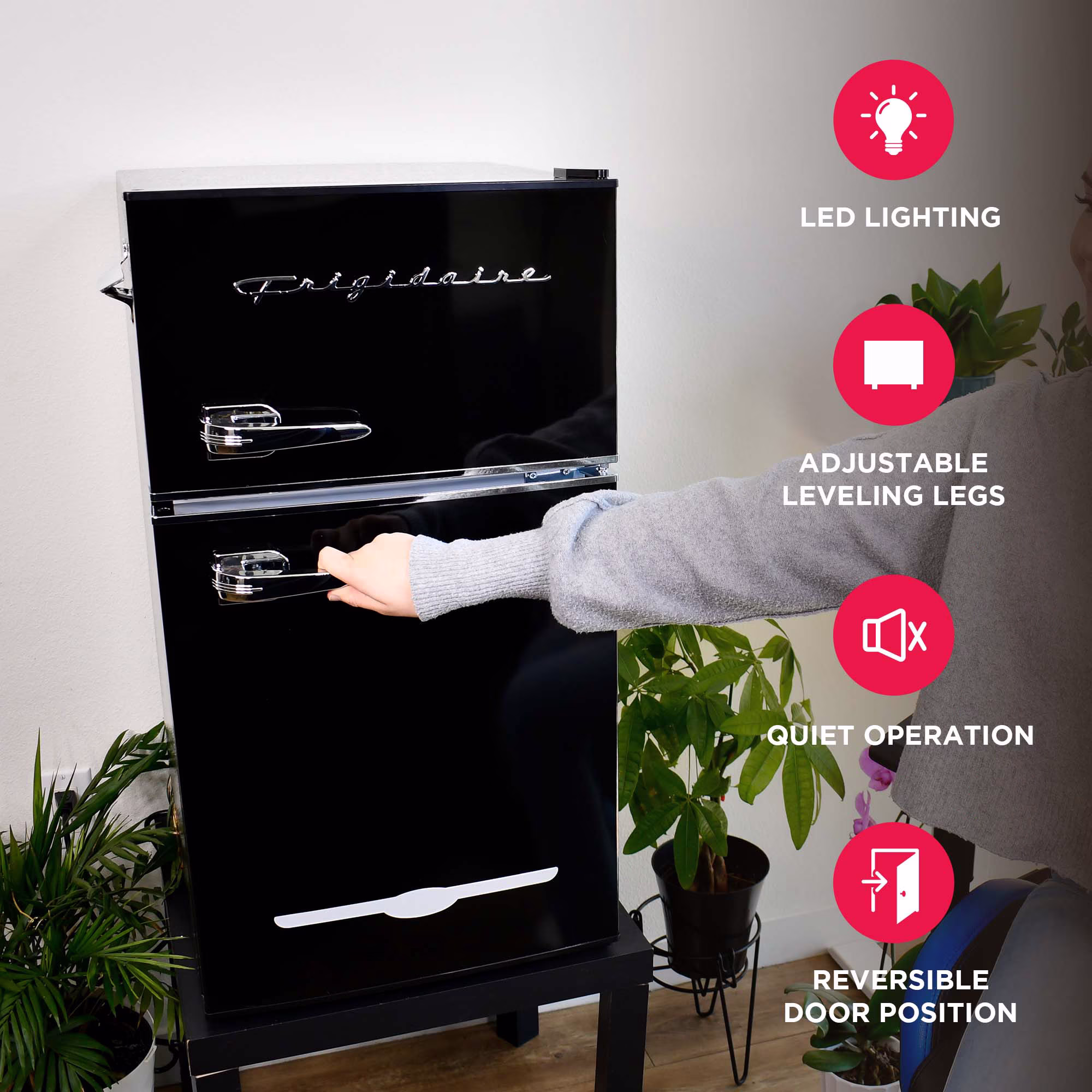 Frigidaire 3.2 Cu Ft 2-Door Retro Compact Bar Fridge With Freezer And Side Bottle Opener Black - Compact, stylish mini fridge ideal for dorms, offices, and small spaces. - Image 4