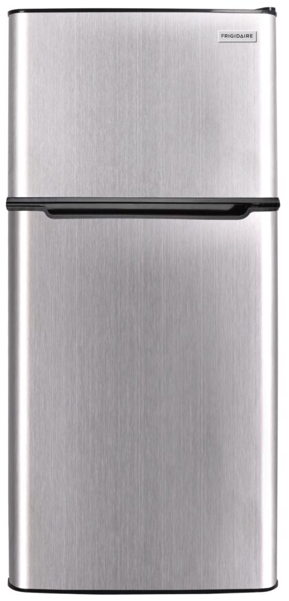 Frigidaire 4.5 cu ft 2-Door Compact Refrigerator with Freezer and Chrome trim—space-saving, energy-efficient mini fridge ideal for dorms, offices, and small kitchens.