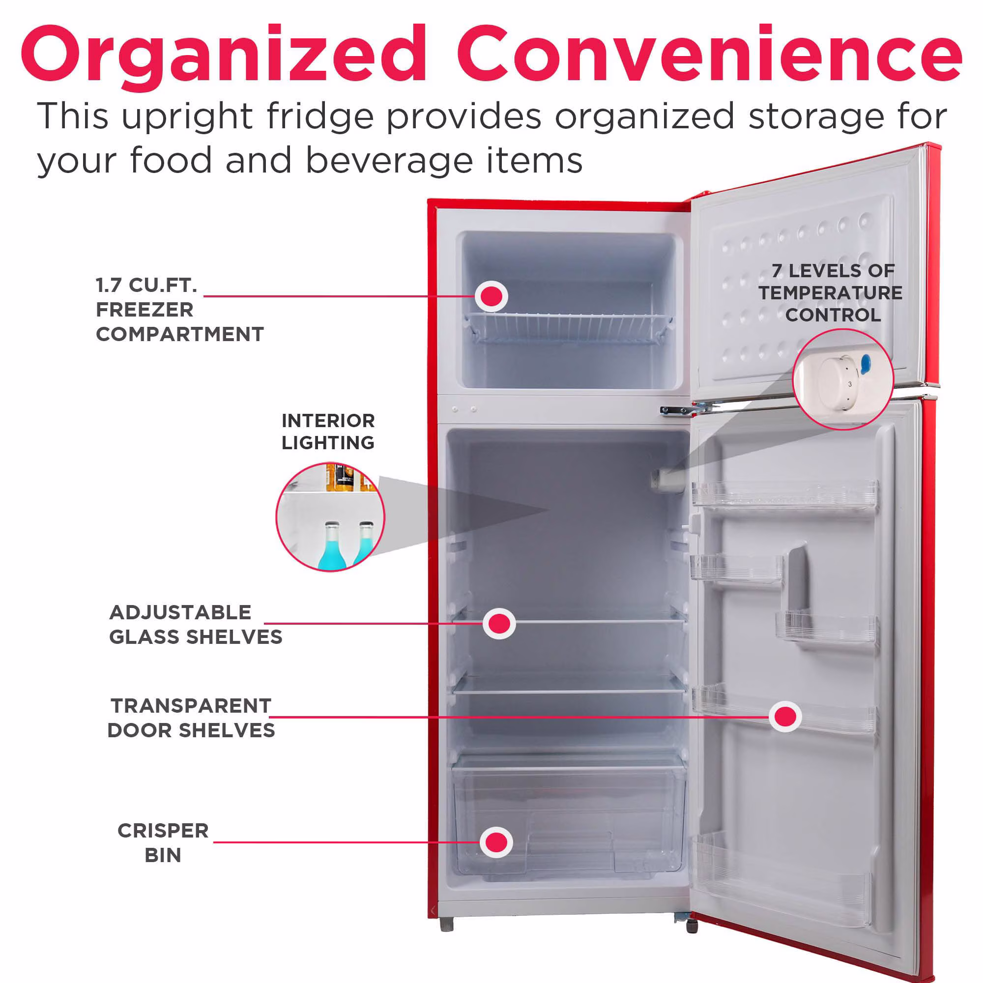 Frigidaire 7.5 Cu Ft. Retro Refrigerator, Top Mount Compact Fridge, Red - Image 2