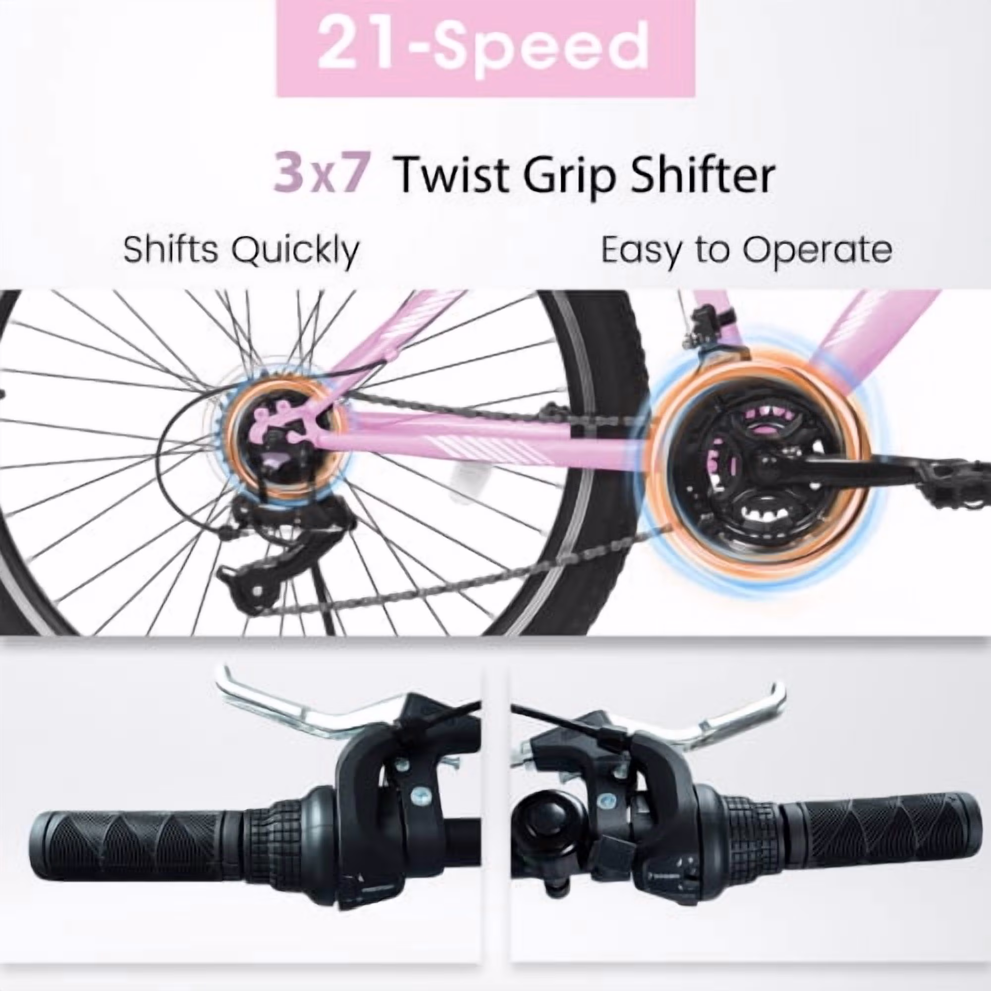 FUPOJH 24-Inch Women's Mountain Bike,21-Speed,Front Suspension,Dual V-Brakes, 80% Pre-Assembled Adult Trail Bike - Image 3