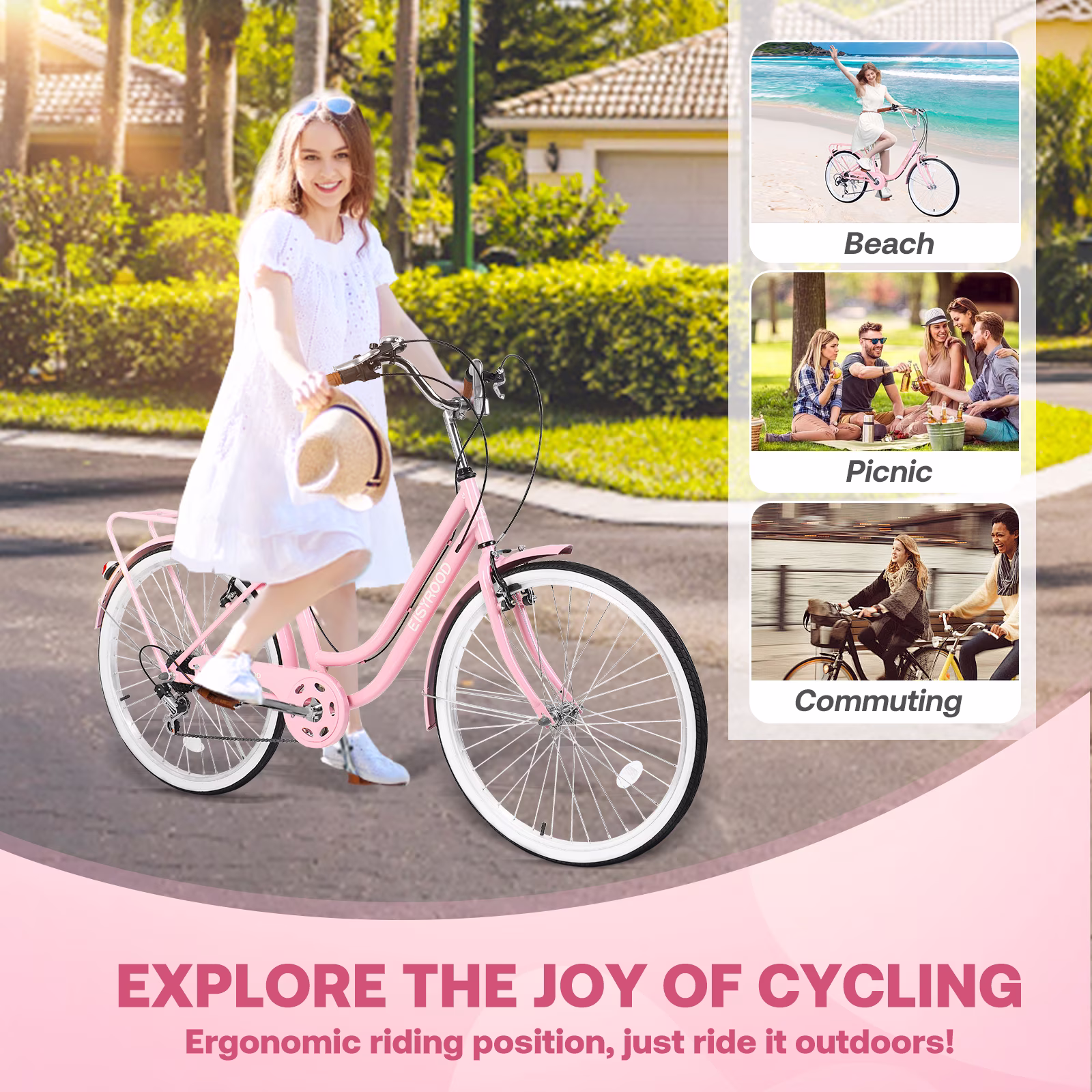 Gaonala 26 inch Beach Cruiser Bike for Women with Bicycle Saddles Adjustable Seat and Basket(Pink) - Image 2