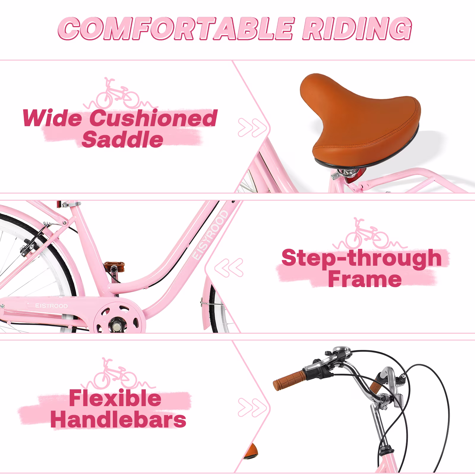 Gaonala 26 inch Beach Cruiser Bike for Women with Bicycle Saddles Adjustable Seat and Basket(Pink) - Image 5