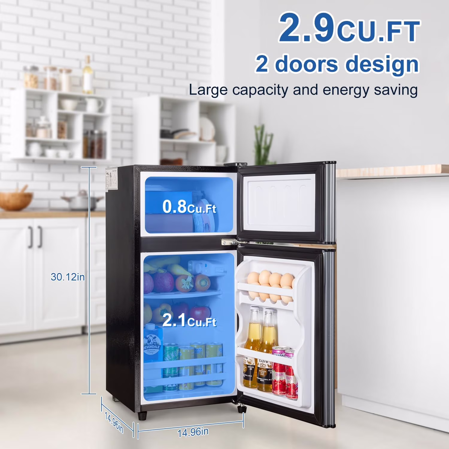 GGTB 2.5 Cu.ft Compact Double Door Mini Refrigerators with Top Freezer, 7-Level Temperature Control for Dorm Bedroom Office, Silver - Image 3