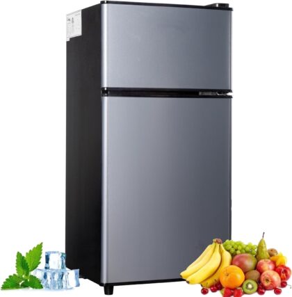 GGTB 2.5 Cu.ft Compact Double Door Mini Refrigerators with Top Freezer, 7-Level Temperature Control for Dorm Bedroom Office, Silver