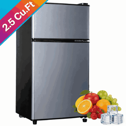 GGTB 2.5 Cu.ft Compact Refrigerators Double Door Mini Fridge with Top Freezer, 7-Level Adjustable Thermostat for Dorm Bedroom Office, Silver