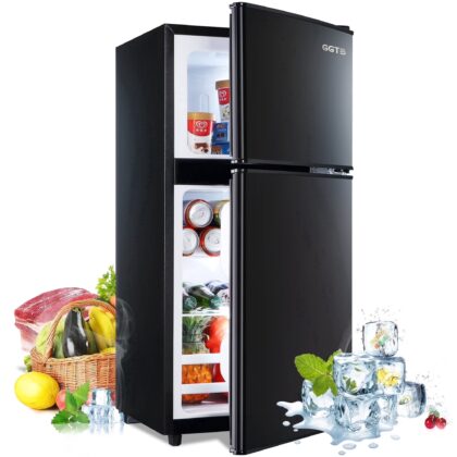 GGTB 3.0 Cu.ft Retro Compact Two Door Refrigerator, Mini Fridge with Freezer Compartment, Reversible Doors, Removable Shelves, Black