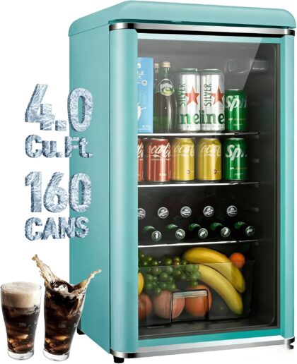 GGTB 4.0 Cu.ft Retro Beverage Refrigerator, 160-Can Mini Fridge with Double Glass Door, Adjustable Shelves, Blue