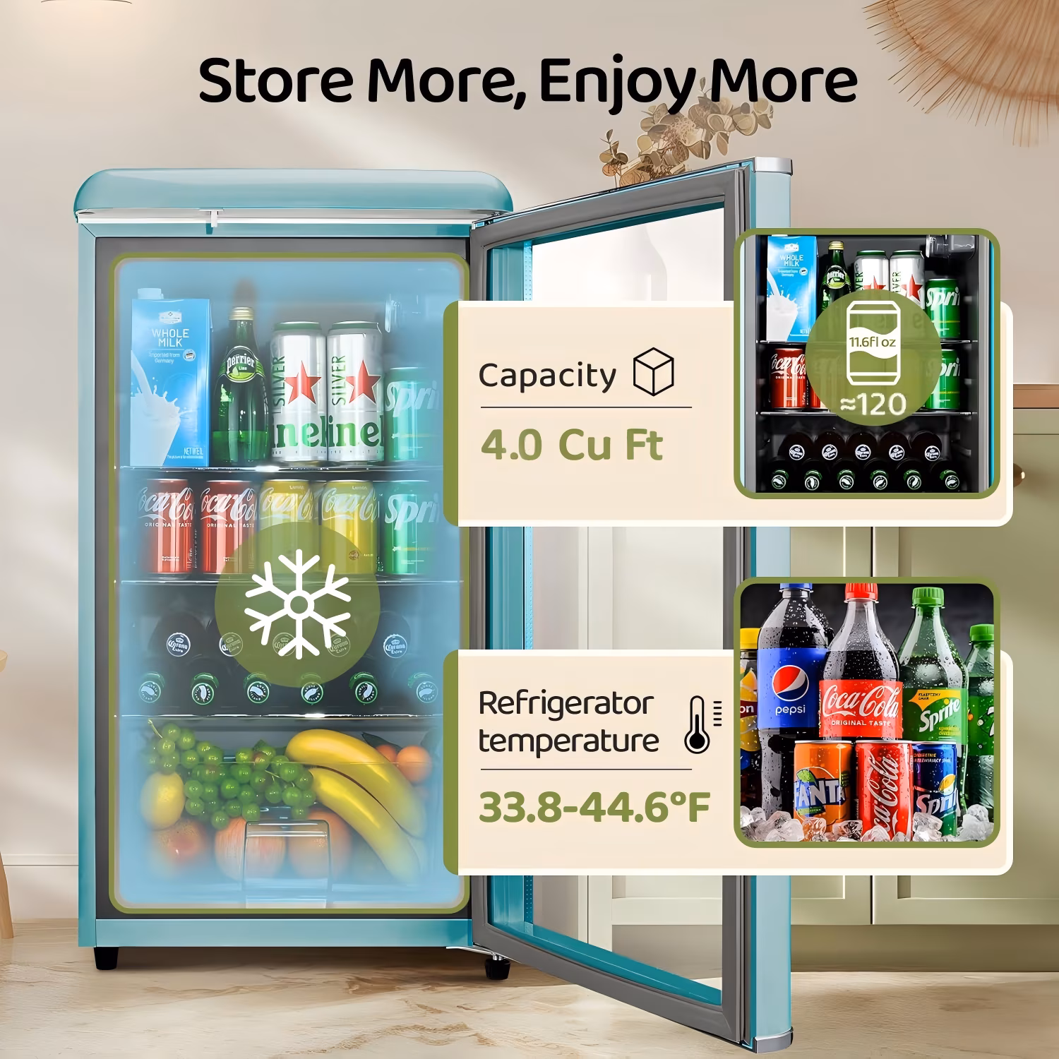 GGTB 4.0 Cu.ft Retro Beverage Refrigerator, 160-Can Mini Fridge with Double Glass Door, Adjustable Shelves, Blue - Image 2
