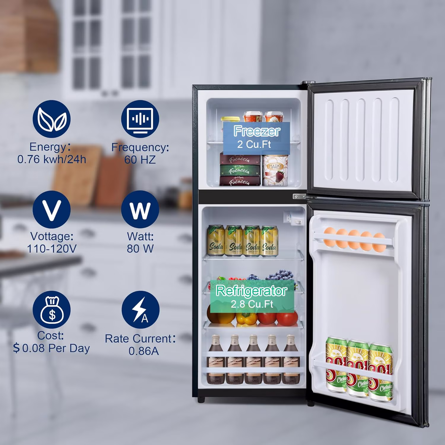 GGTB 4.8 Cu.ft Compact Refrigerator with Freezer, 2.0 Cu.ft Freezer Section, Adjustable Thermostat, Mini Fridge for Apartment Dorm Office Kitchen, Black - Image 5
