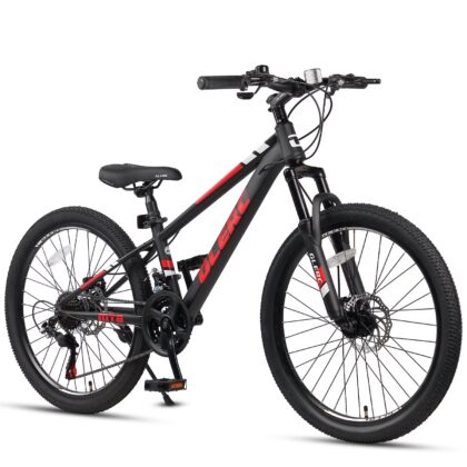 Glerc Skyline 24 Inch Kids Mountain Bike for Boys Girls 10 11 12 13 14 Years Old, 21-Speed Kid Bicycle with Front Suspension & Dual Disc Brakes & Rugged Frame, Black
