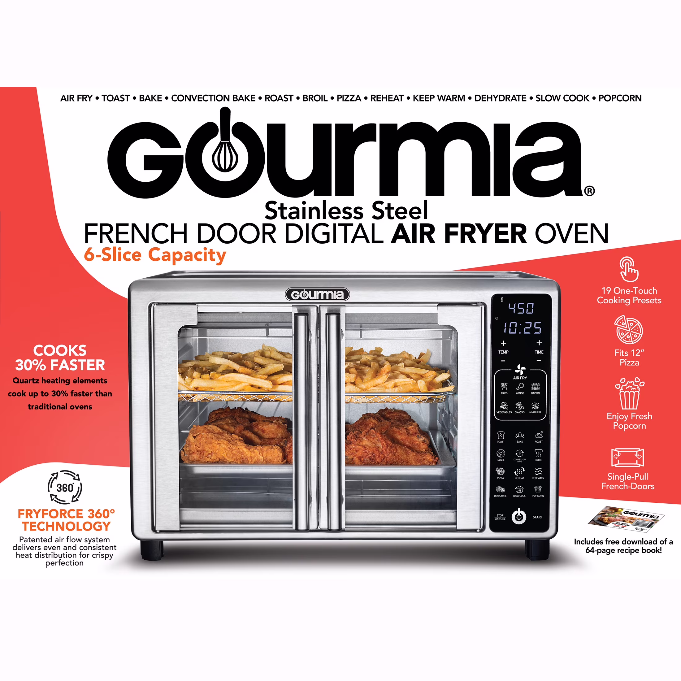 Gourmia French Door 6-Slice Digital Toaster Oven Air Fryer, 19 One-Touch Presets, 24L, Stainless Steel - Image 3