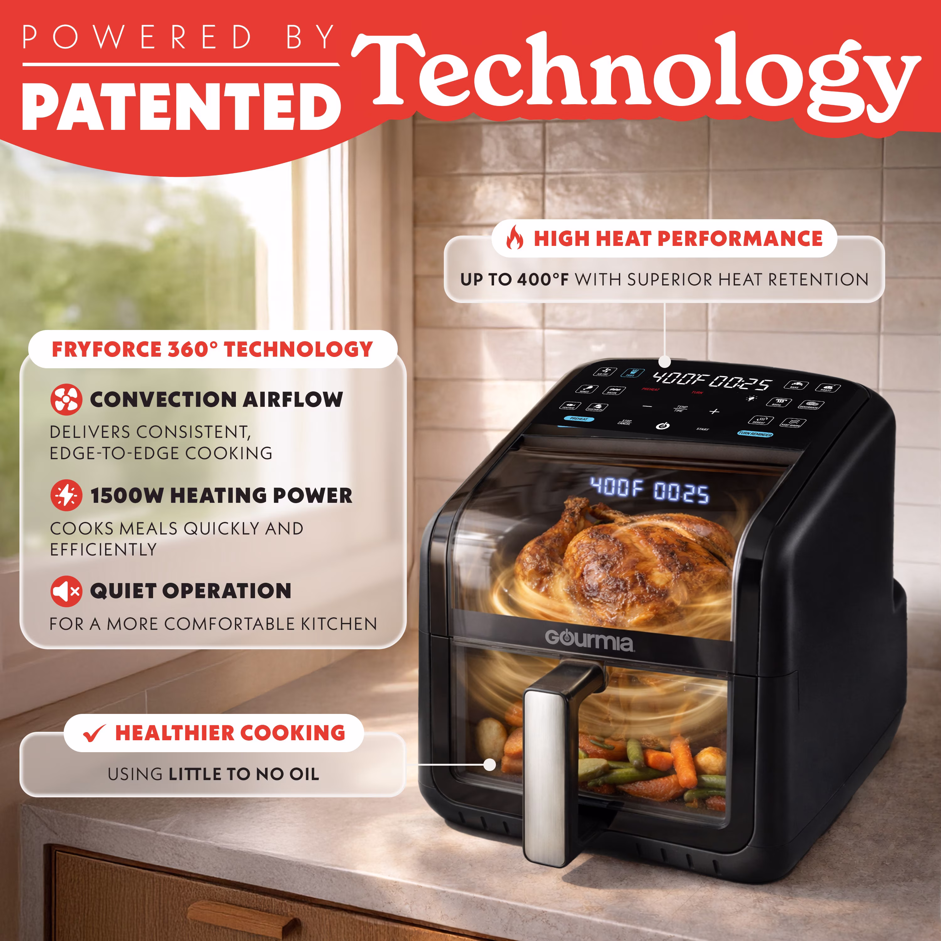 Gourmia Panorama 7-QT Digital Air Fryer with Panoramic View, Holographic Display, & 12 Presets, Black - Image 5